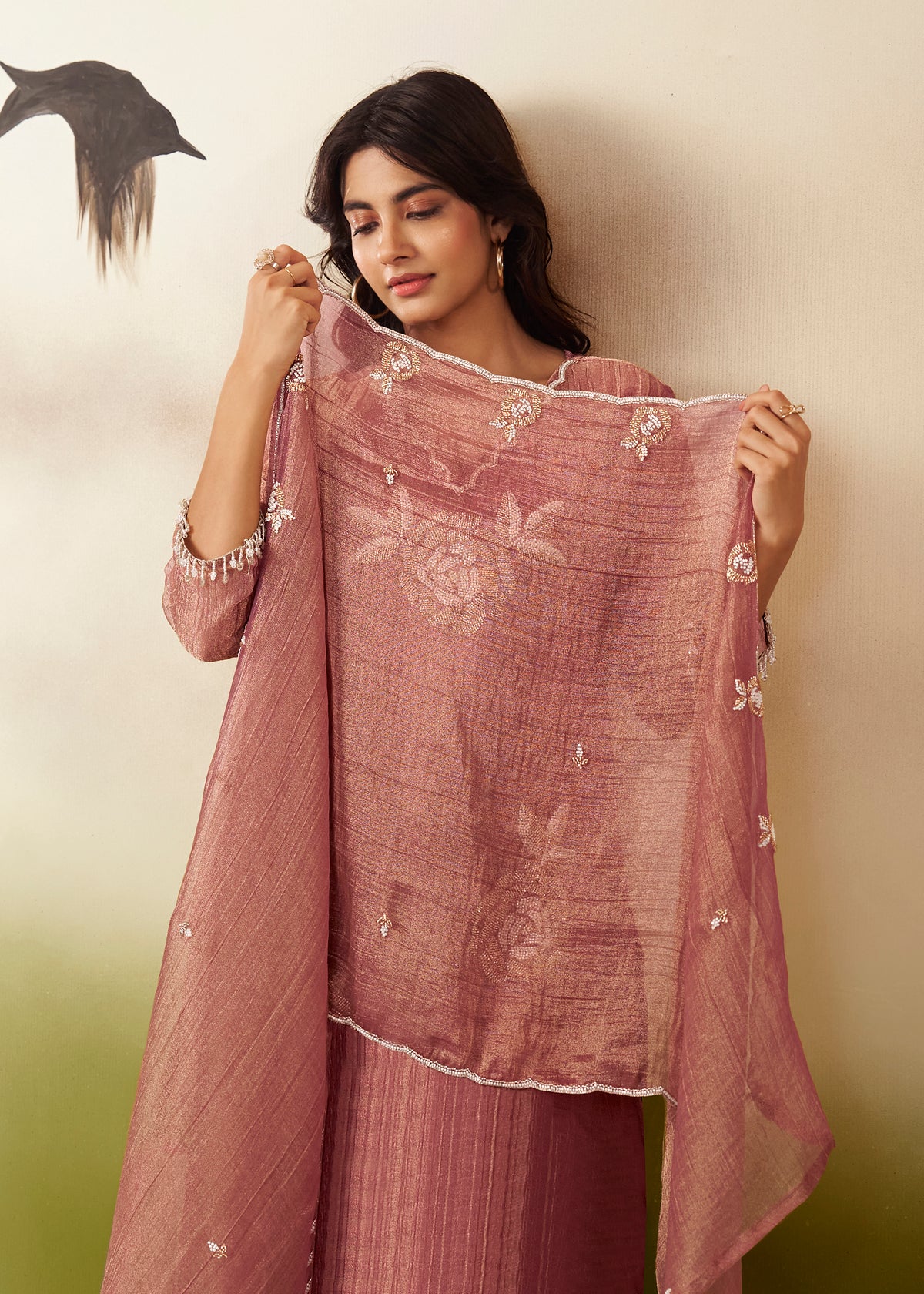 Anusha Mauve Pink Shimmer Bead Work Suit Set