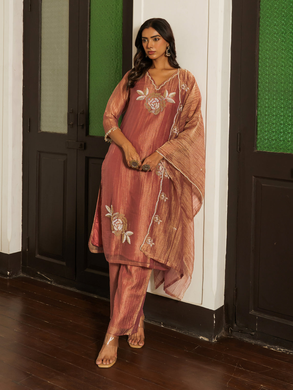 Anusha Mauve Pink Shimmer Bead Work Suit Set