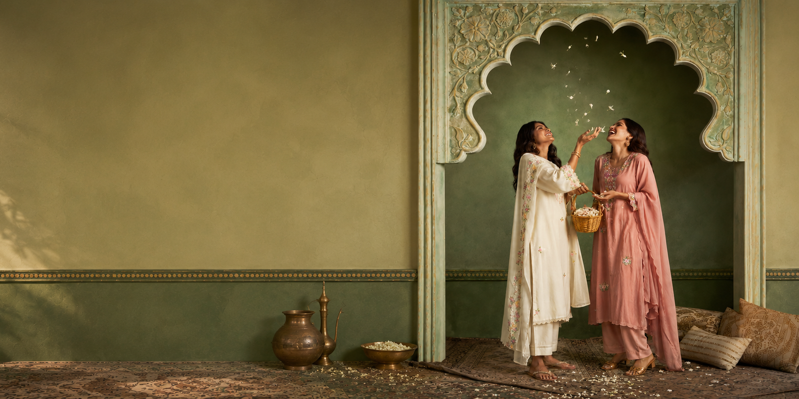 Women in elegant ethnic suit sets showcasing Mul Chanderi, cotton and linen fabrics for everyday and occasion wear
