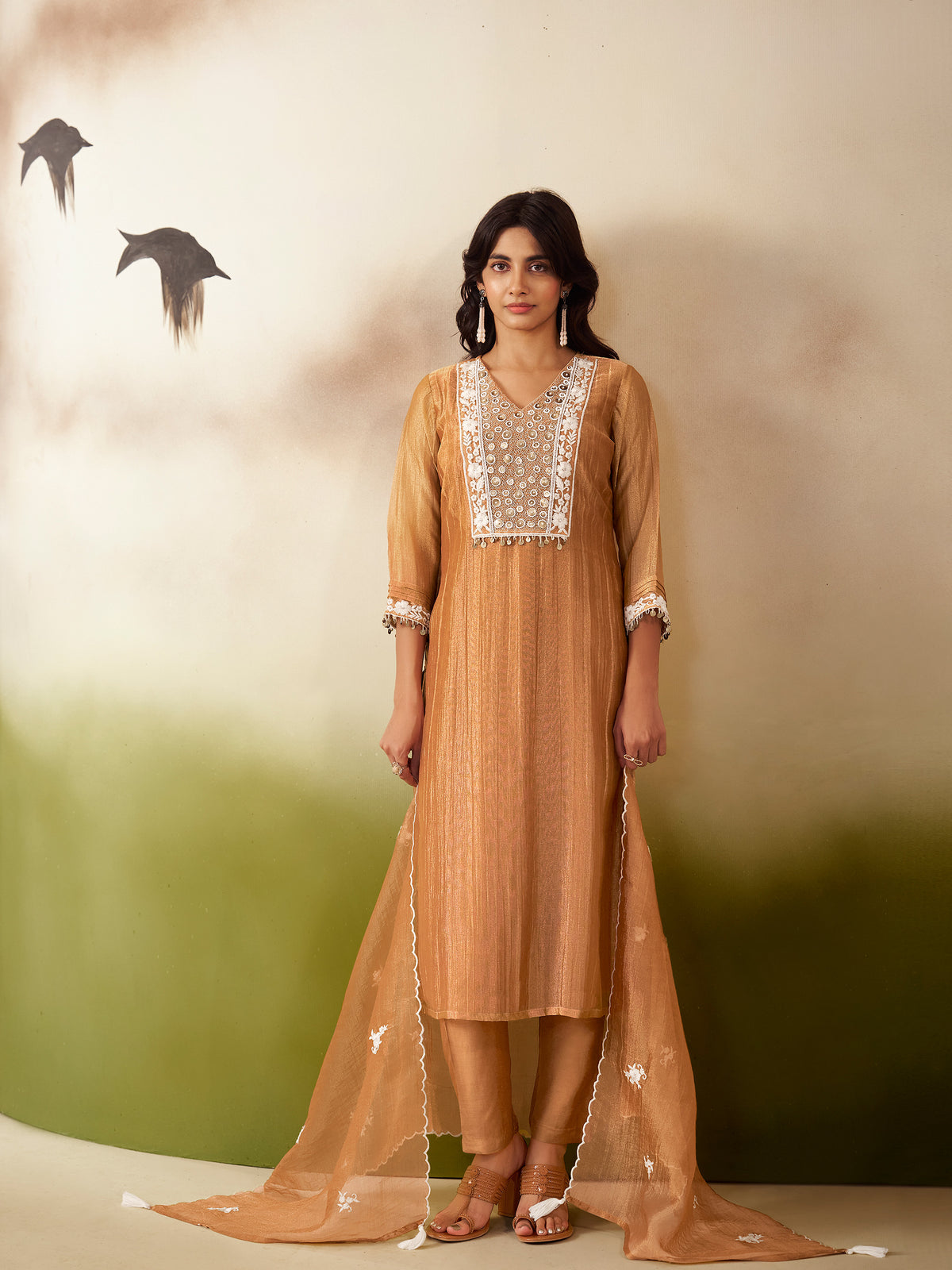 Vedika Beige Shimmer Embroidered Suit Set