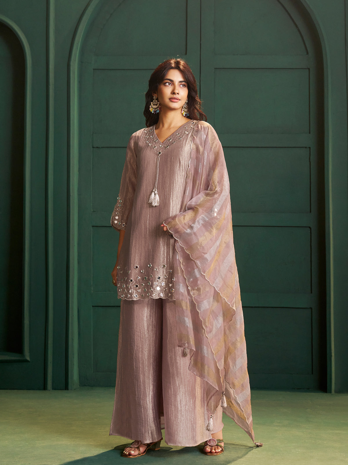 Mridula Dusty Rose Shimmer Mirror Work Suit Set