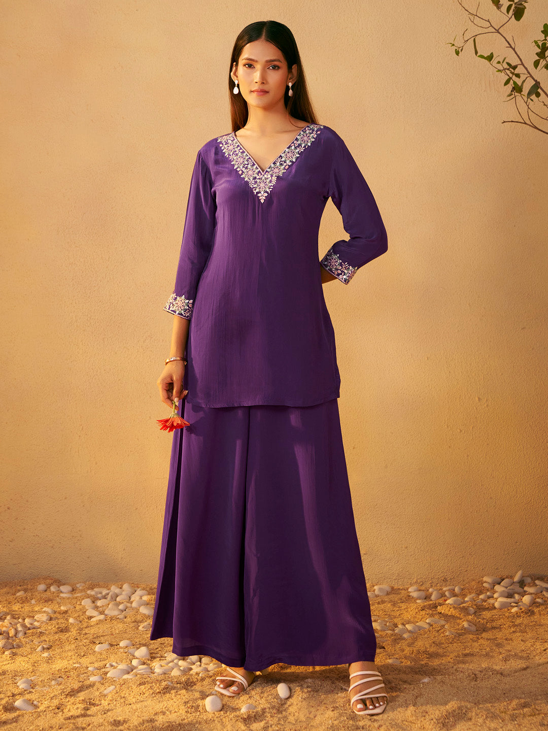 Mrinali Natural Crepe Embroidered Palazzo Set