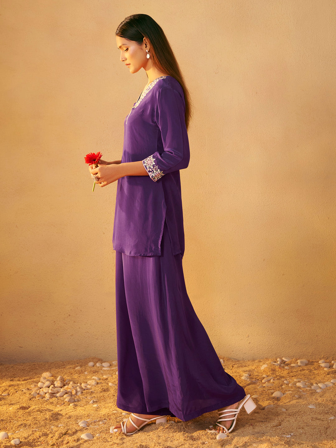 Mrinali Natural Crepe Embroidered Palazzo Set