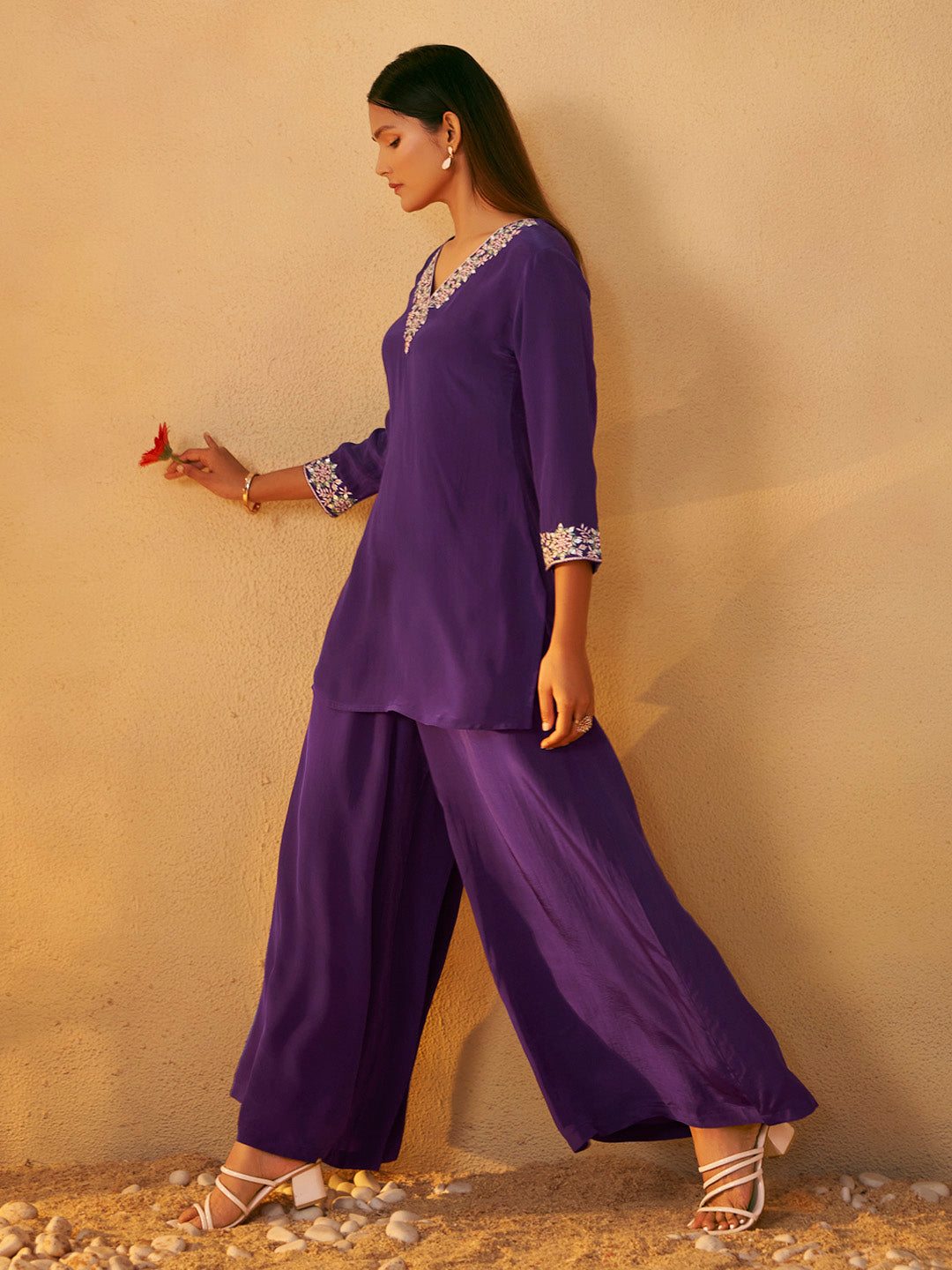 Mrinali Natural Crepe Embroidered Palazzo Set