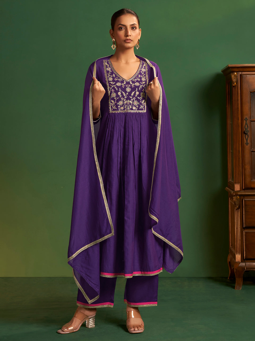 Sharanya Mul Chanderi Pleated Anarkali Set