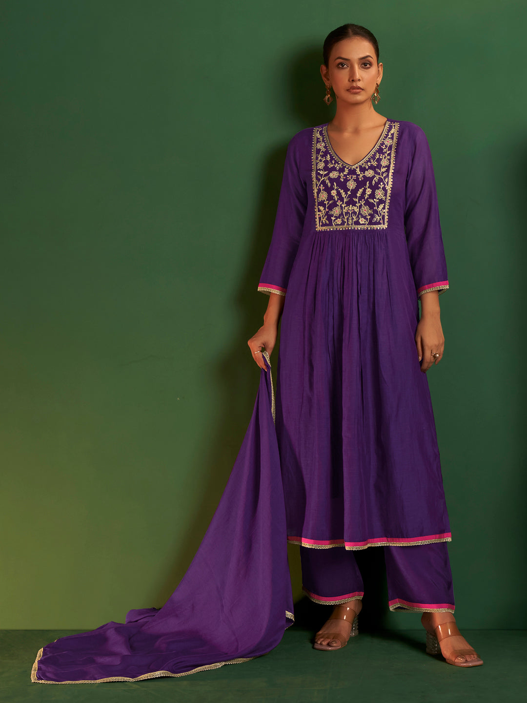 Sharanya Mul Chanderi Pleated Anarkali Set