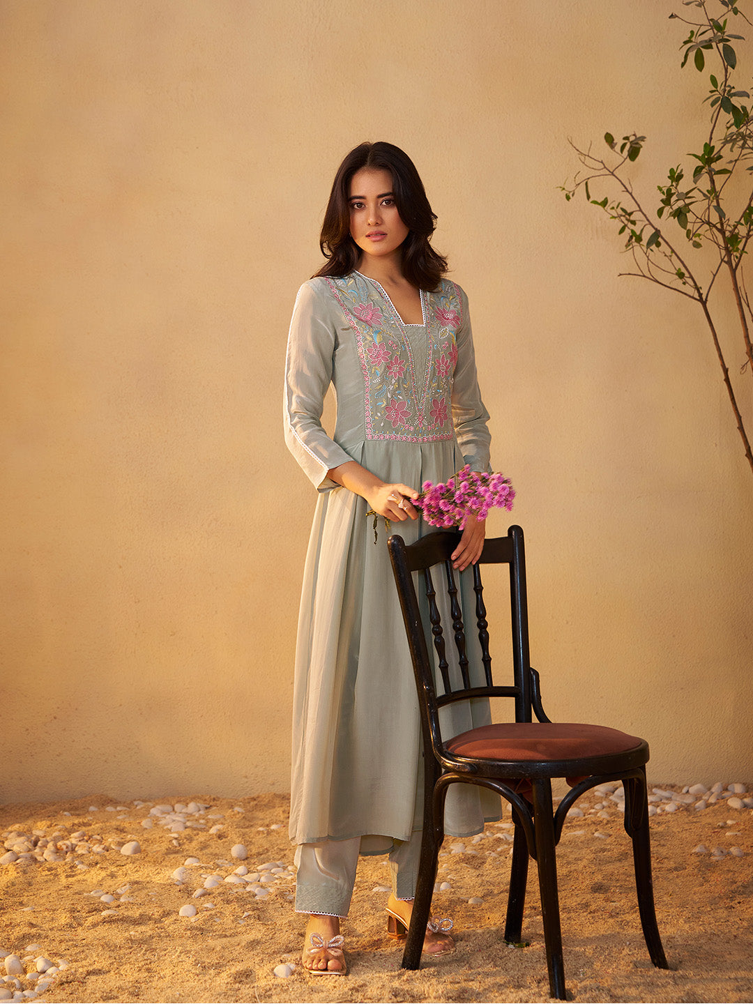 Mehira Natural Crepe Embroidered Anarkali Set