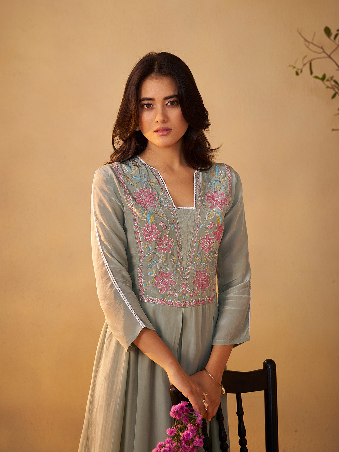 Mehira Natural Crepe Embroidered Anarkali Set