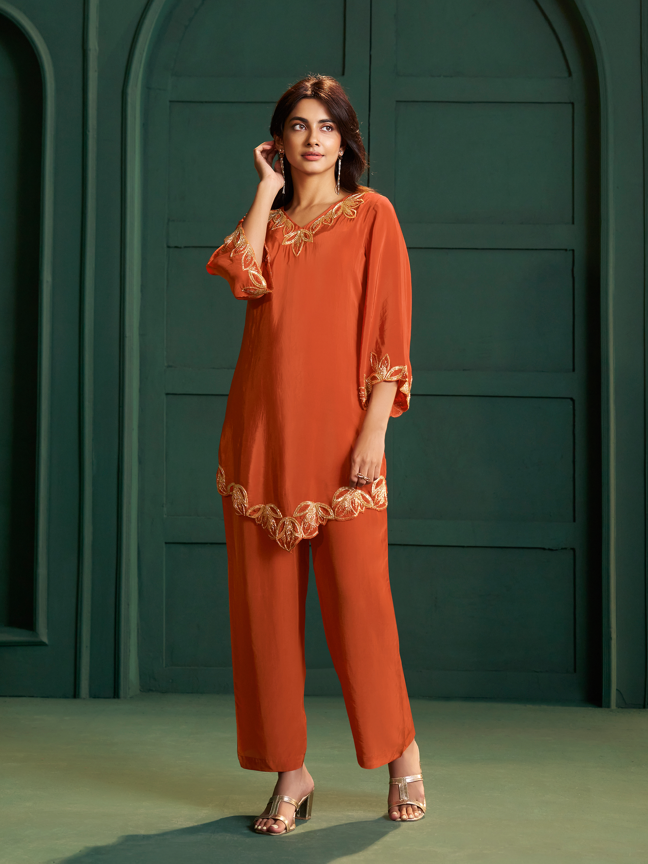 Aarunya Orange Embroidered Co-ord Set