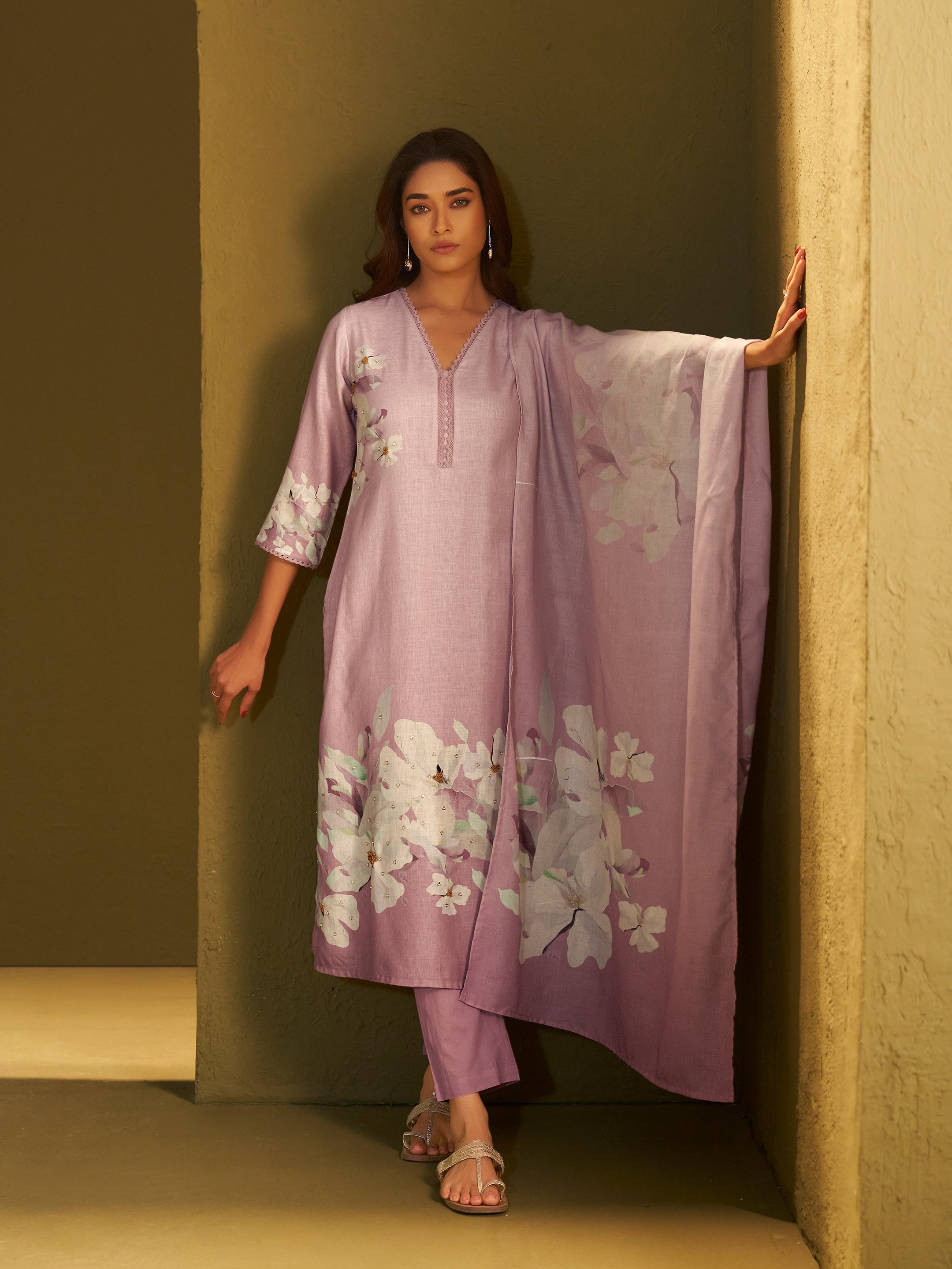 Kiara Light Purple Linen Printed Set