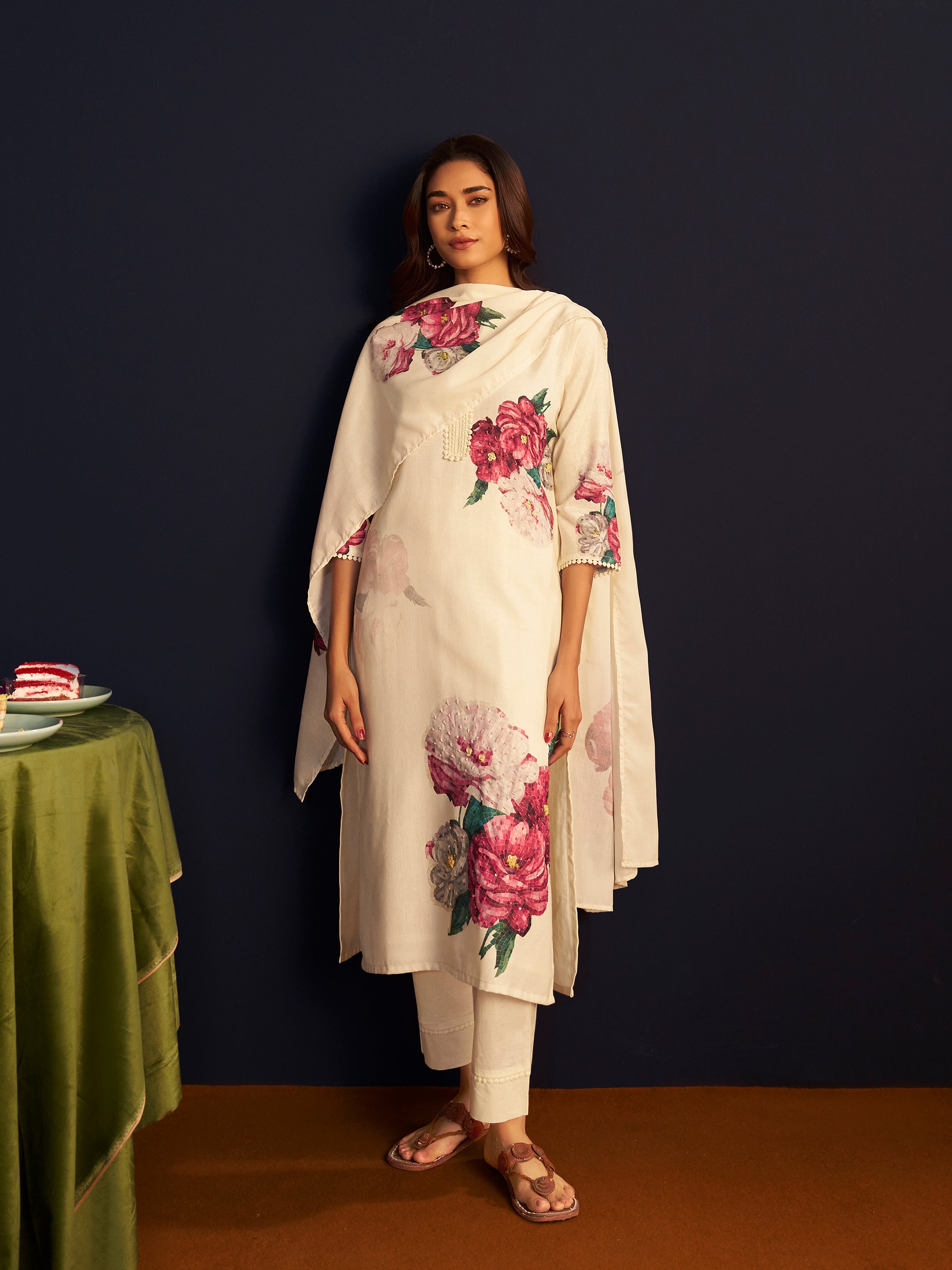 Riana White Linen Floral Printed Set