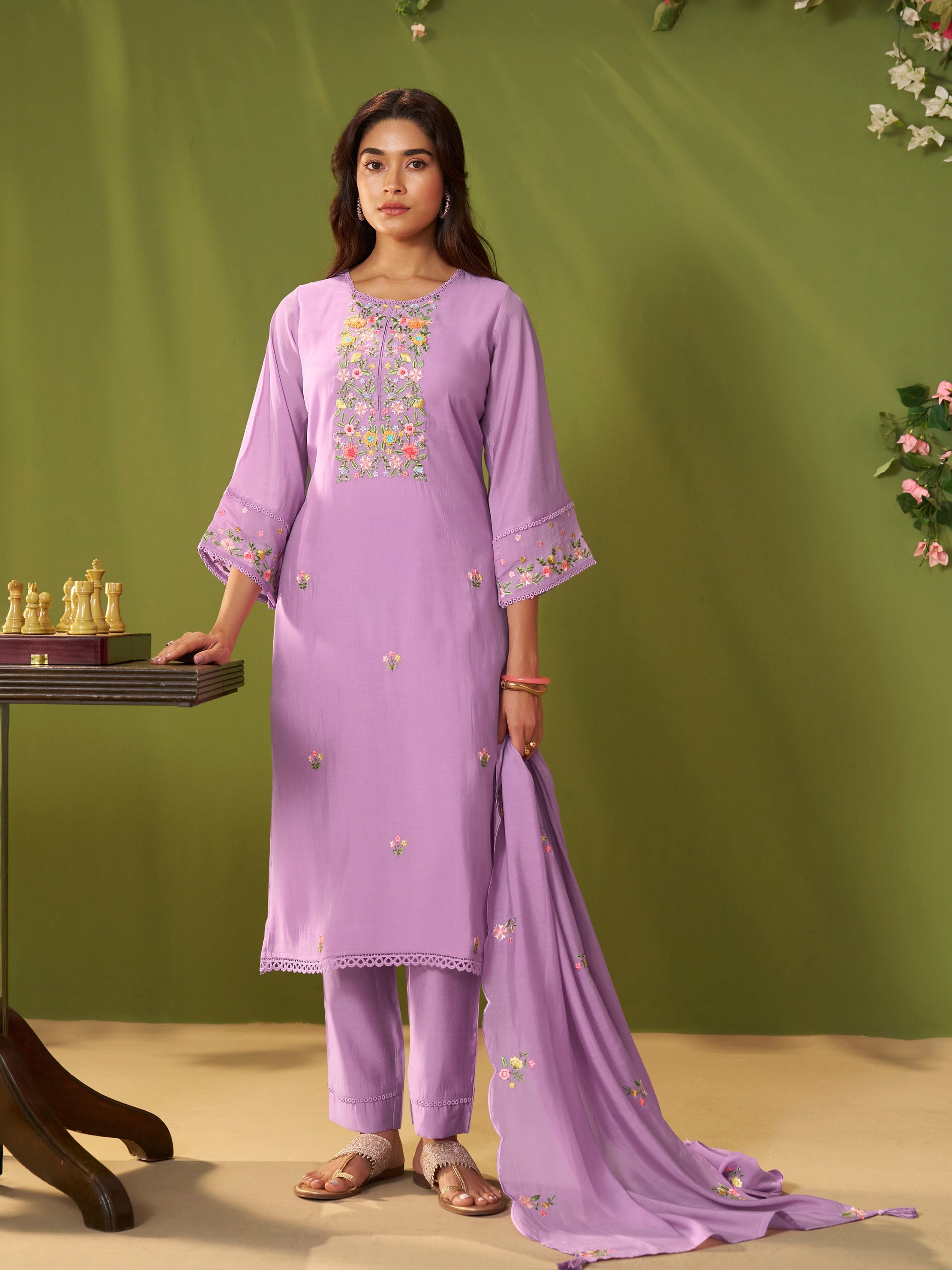 Sona Purple Mul Chanderi Suit Set