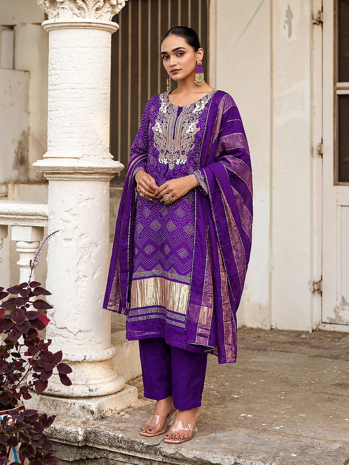 Reeva Purple Pure Viscose Bandhani Print & Embroidered Suit Set