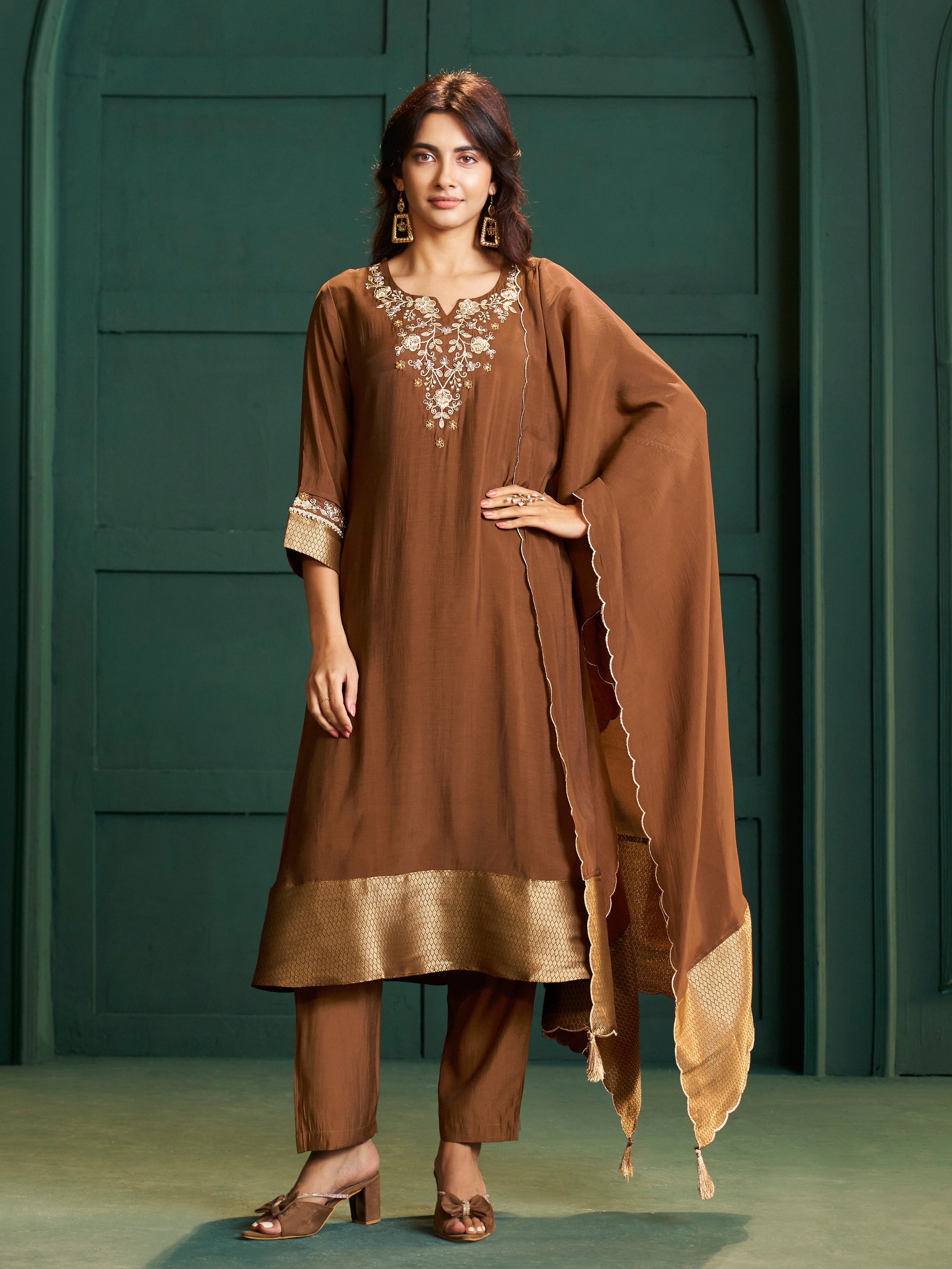 Madhura Brown Chanderi Embroidered Suit Set