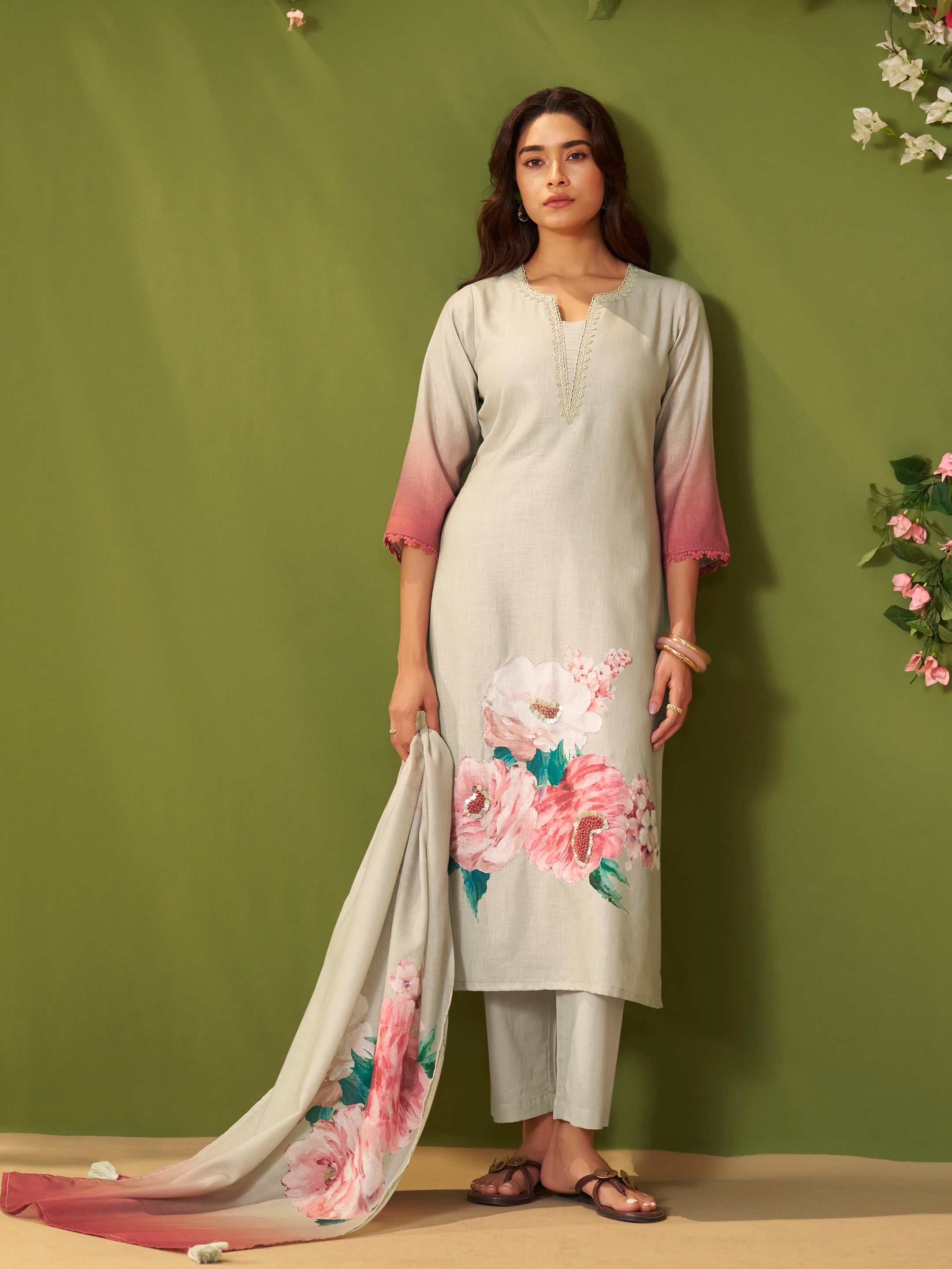 Gulabo Grey Linen Mul Suit Set