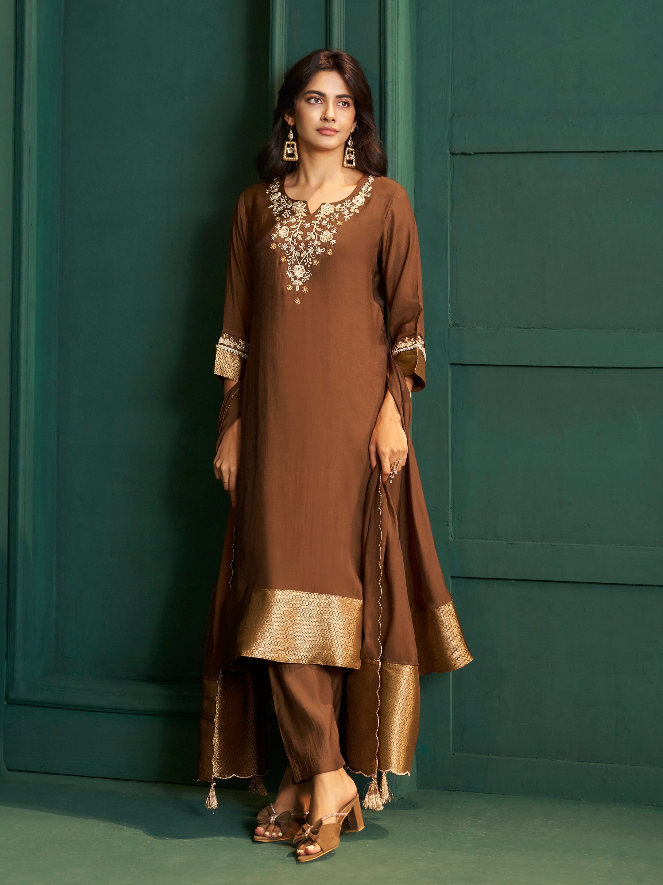Madhura Brown Chanderi Embroidered Suit Set