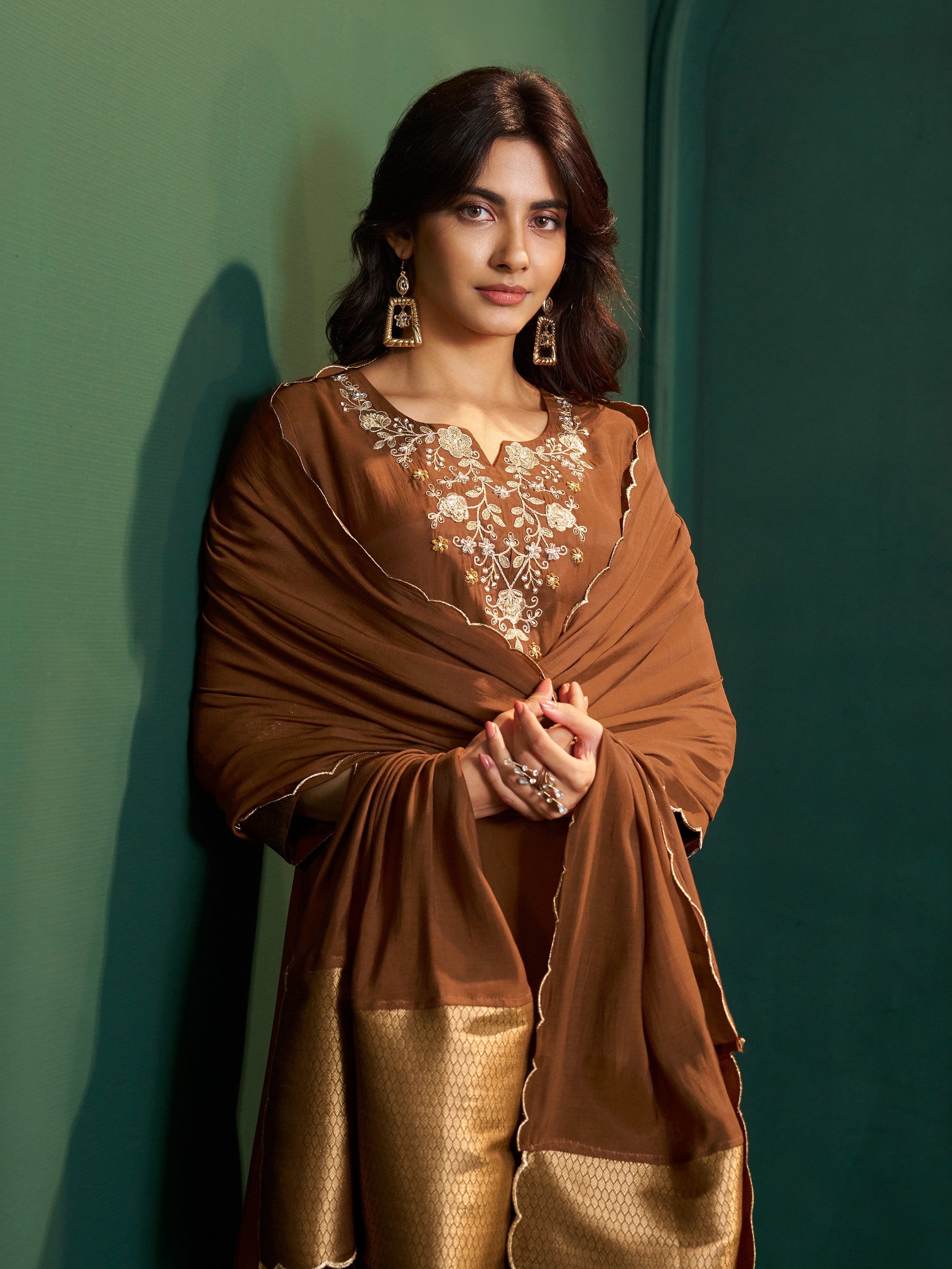 Madhura Brown Chanderi Embroidered Suit Set