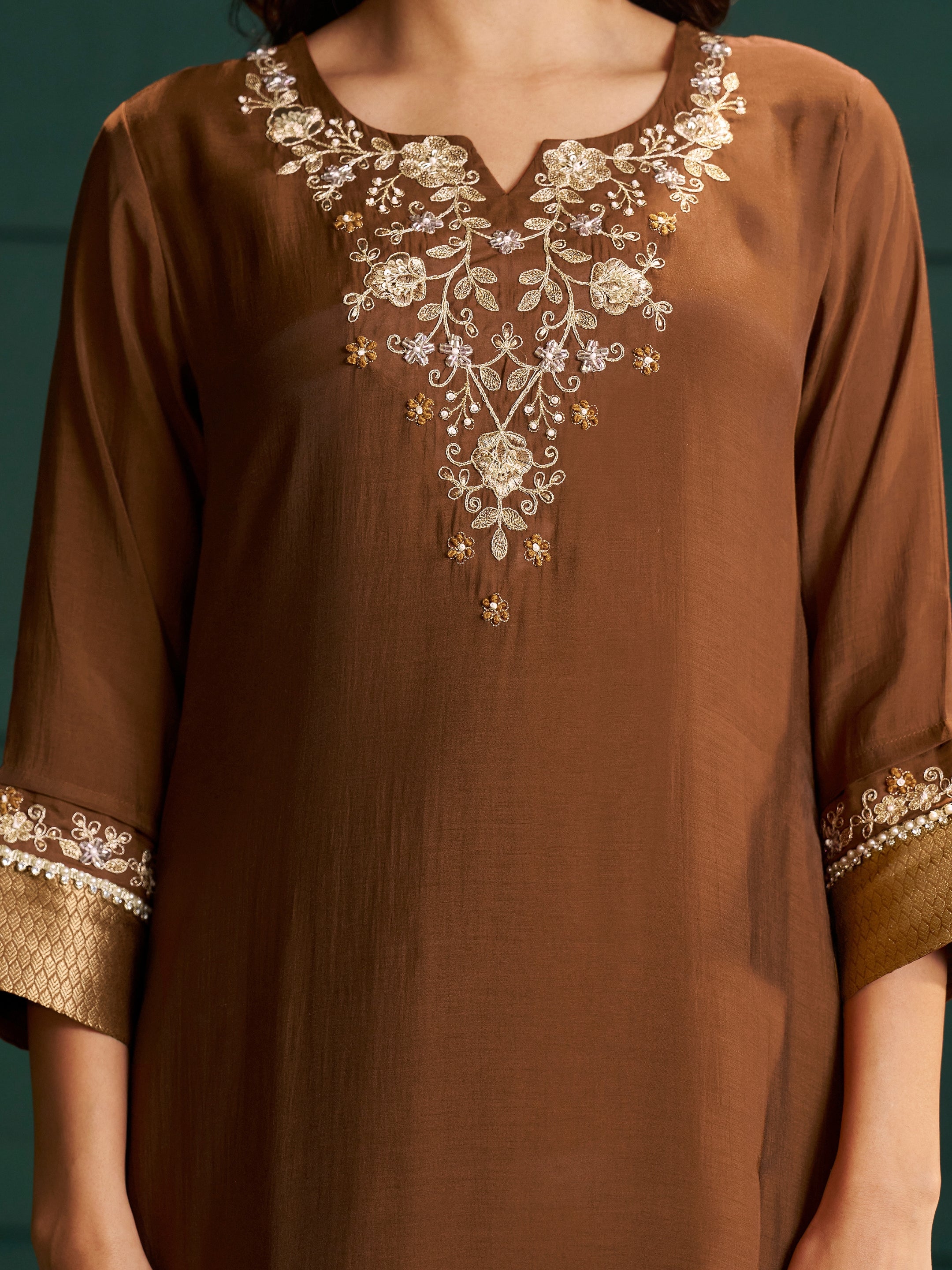 Madhura Brown Chanderi Embroidered Suit Set