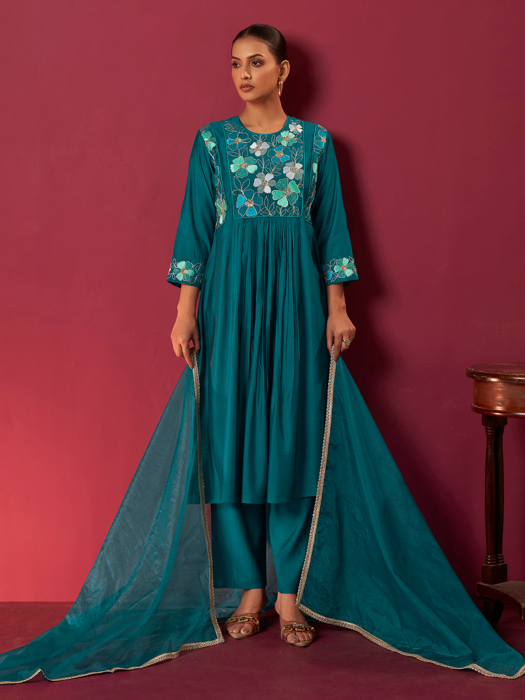 Mayra Roman Chanderi Floral Anarkali Set