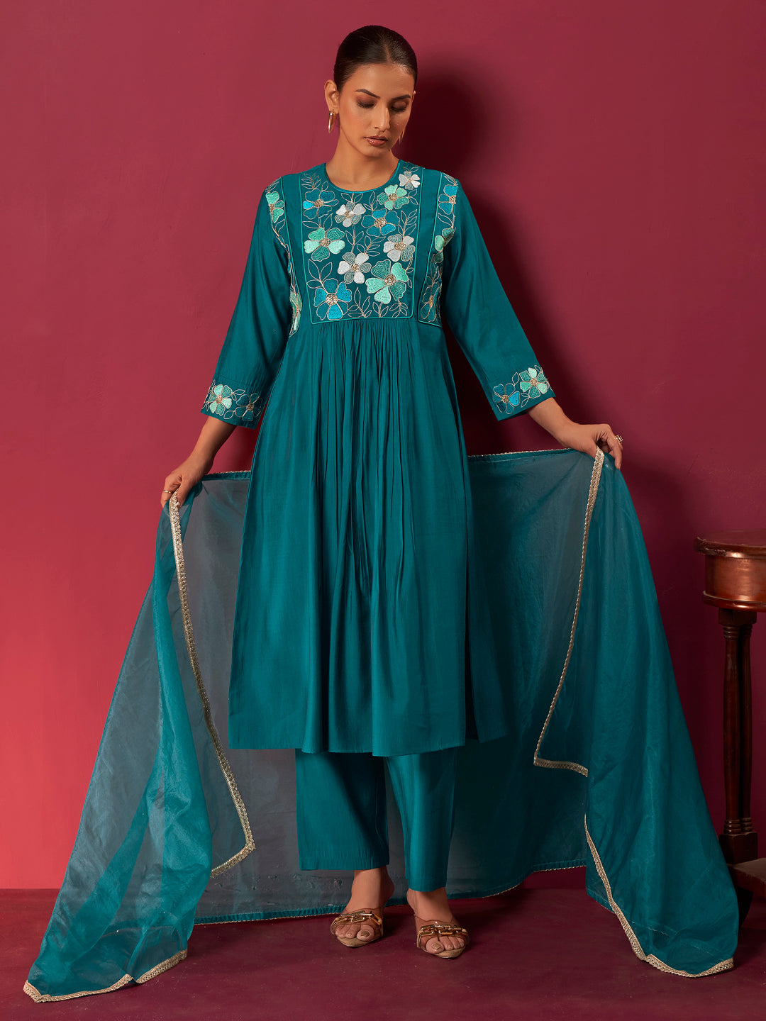 Mayra Roman Chanderi Floral Anarkali Set