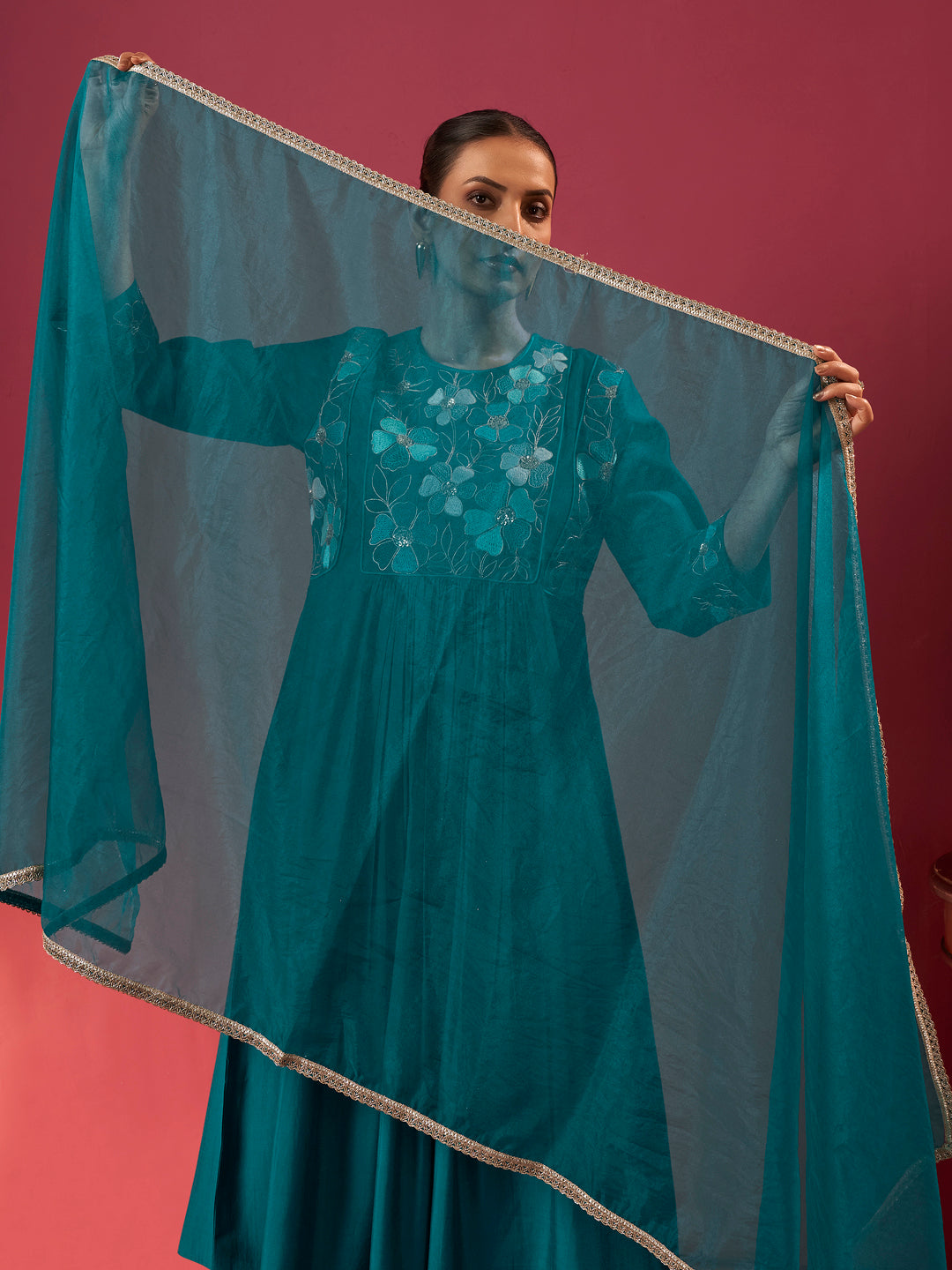 Mayra Roman Chanderi Floral Anarkali Set