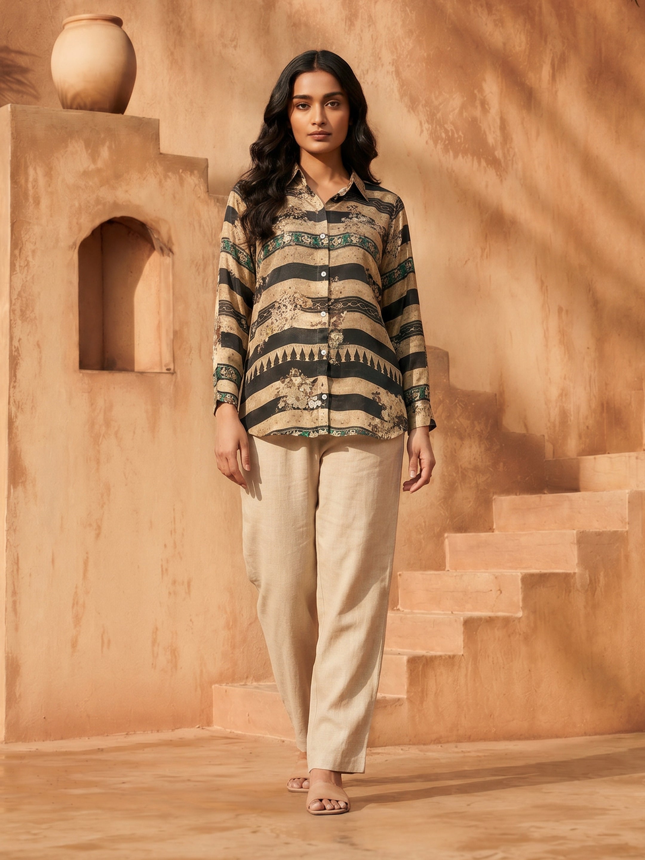 Hazel Beige Black Crepe Printed Shirt