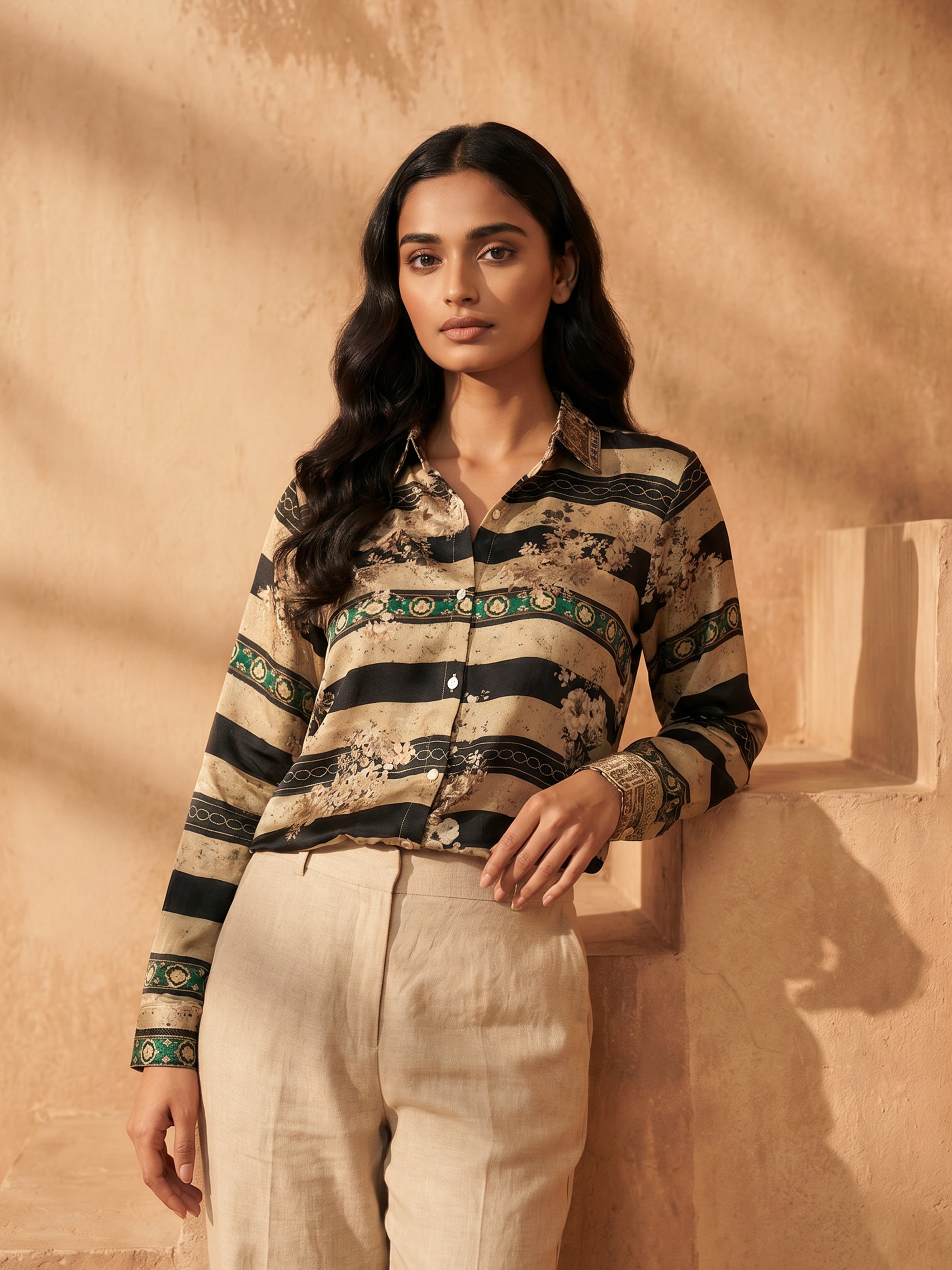 Hazel Beige Black Crepe Printed Shirt