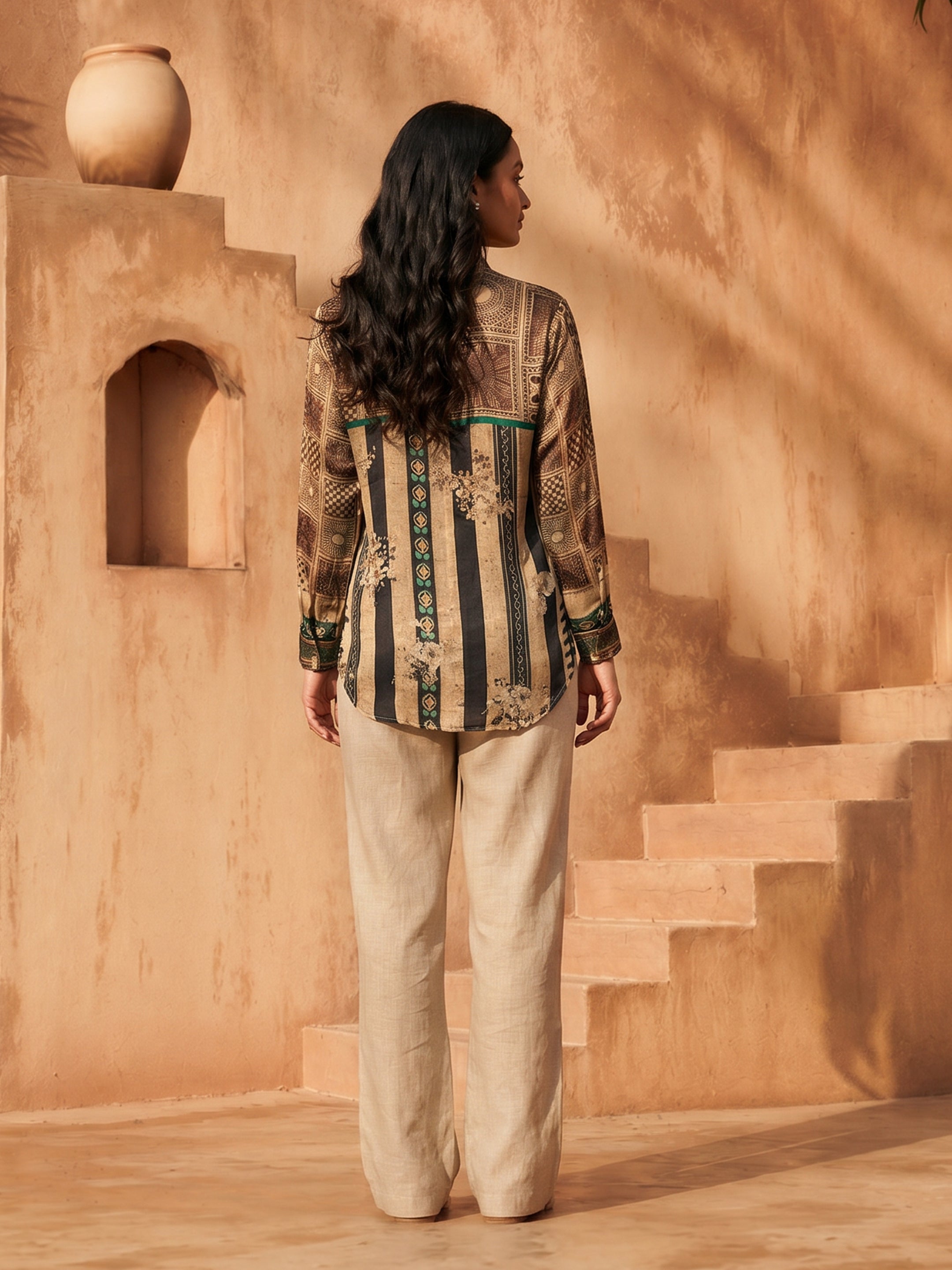 Hazel Beige Black Crepe Printed Shirt