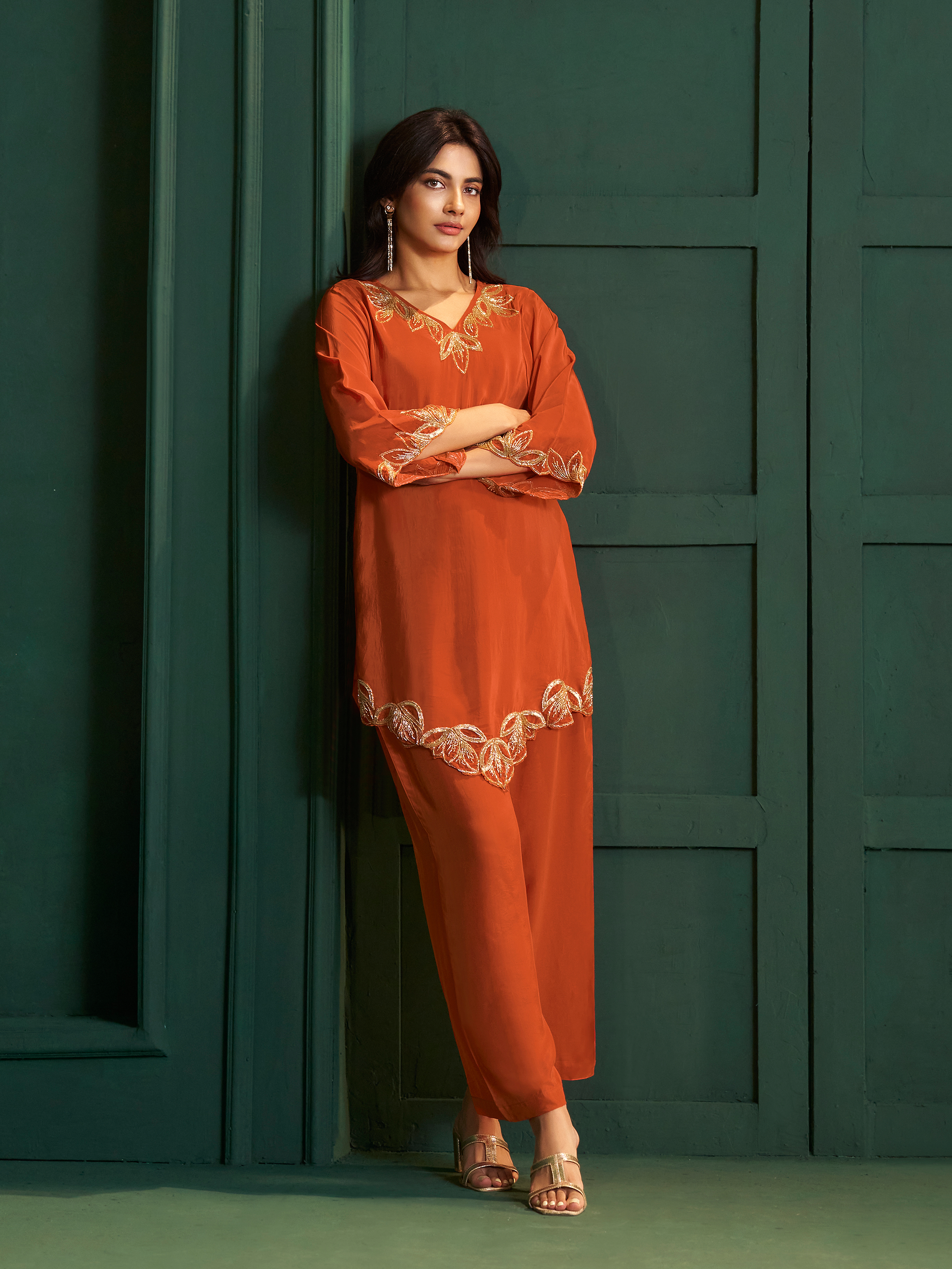 Aarunya Orange Embroidered Co-ord Set
