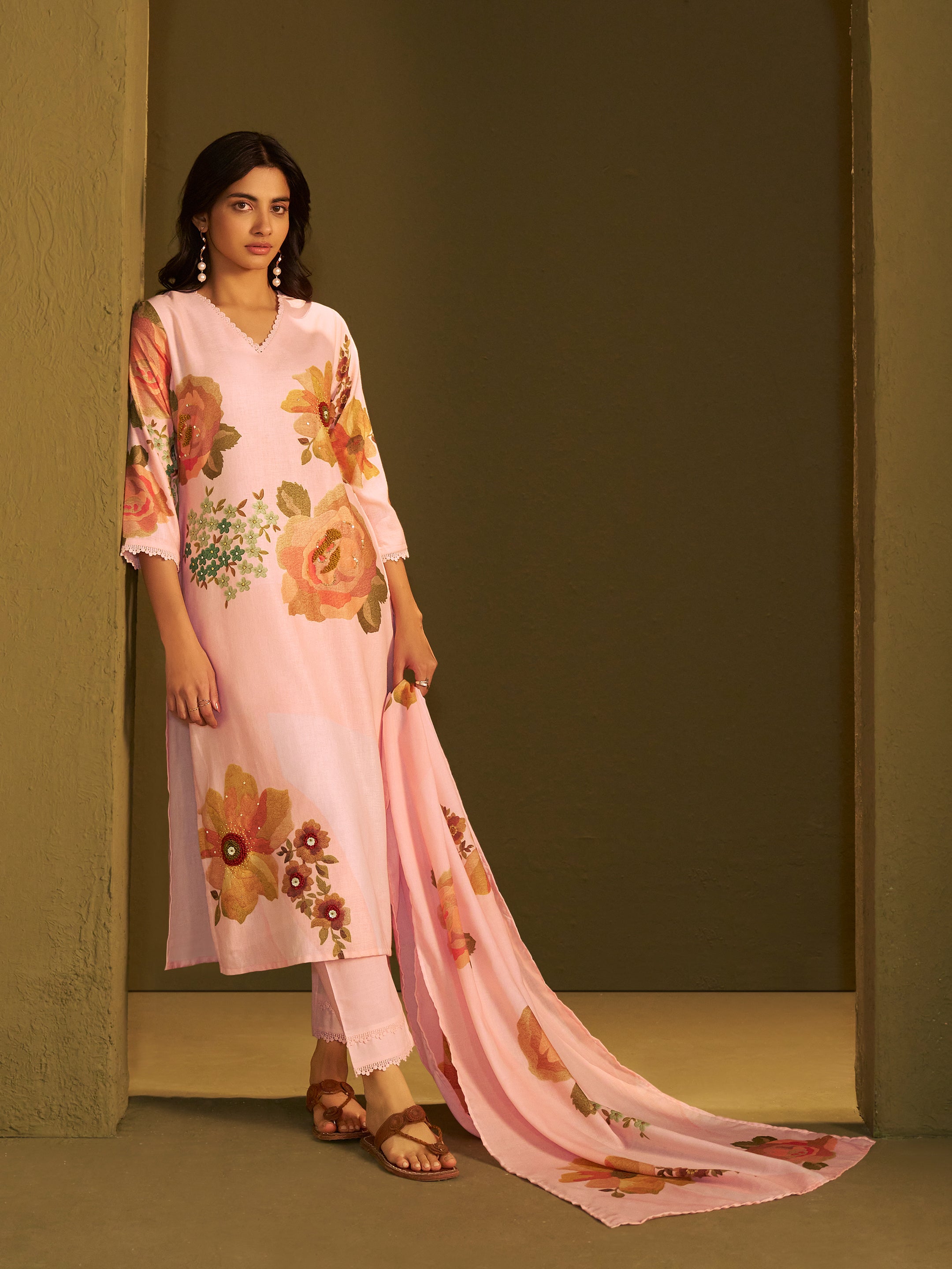 Tanvi Pink Linen Printed Set