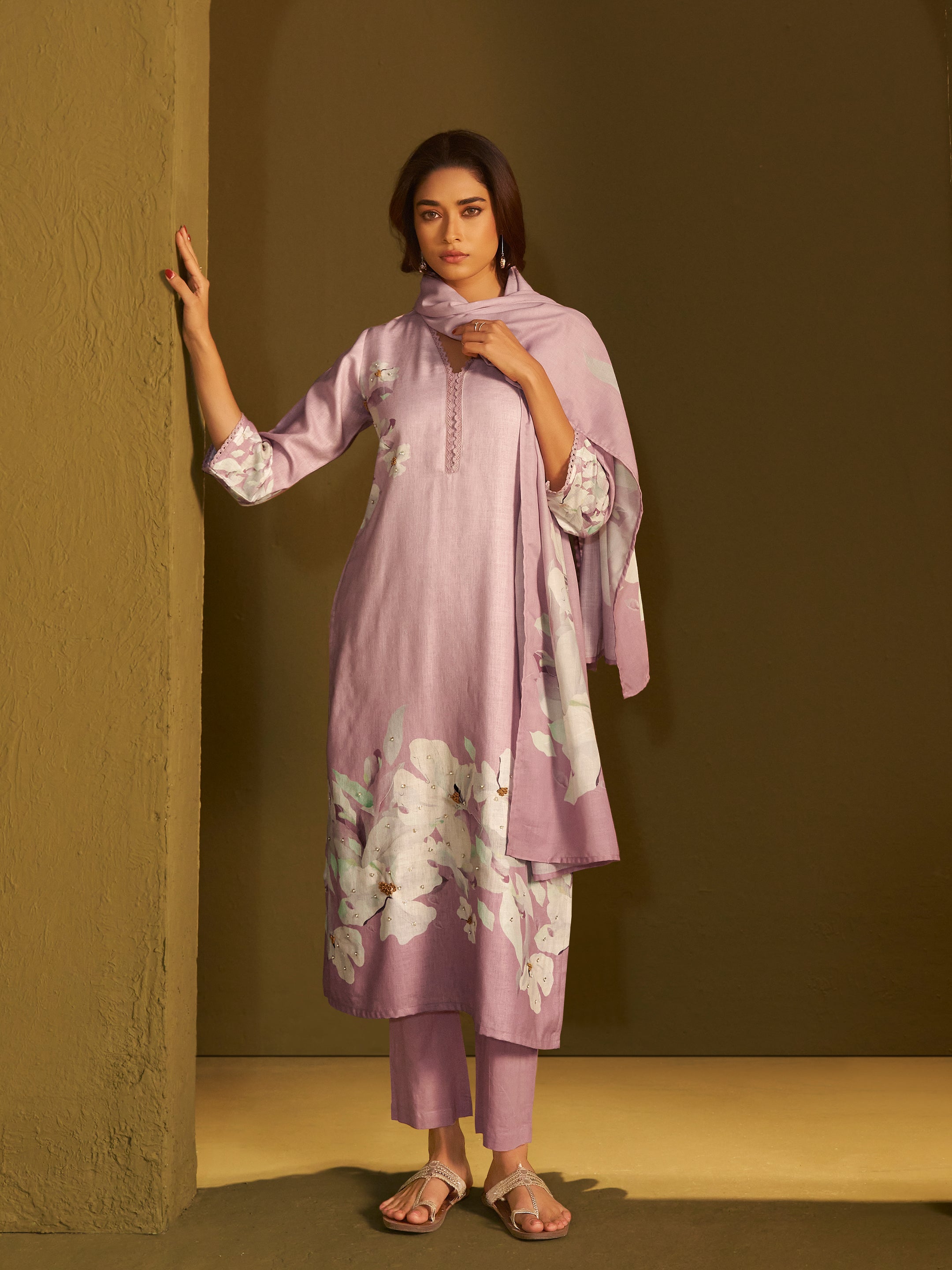 Kiara Light Purple Linen Printed Set