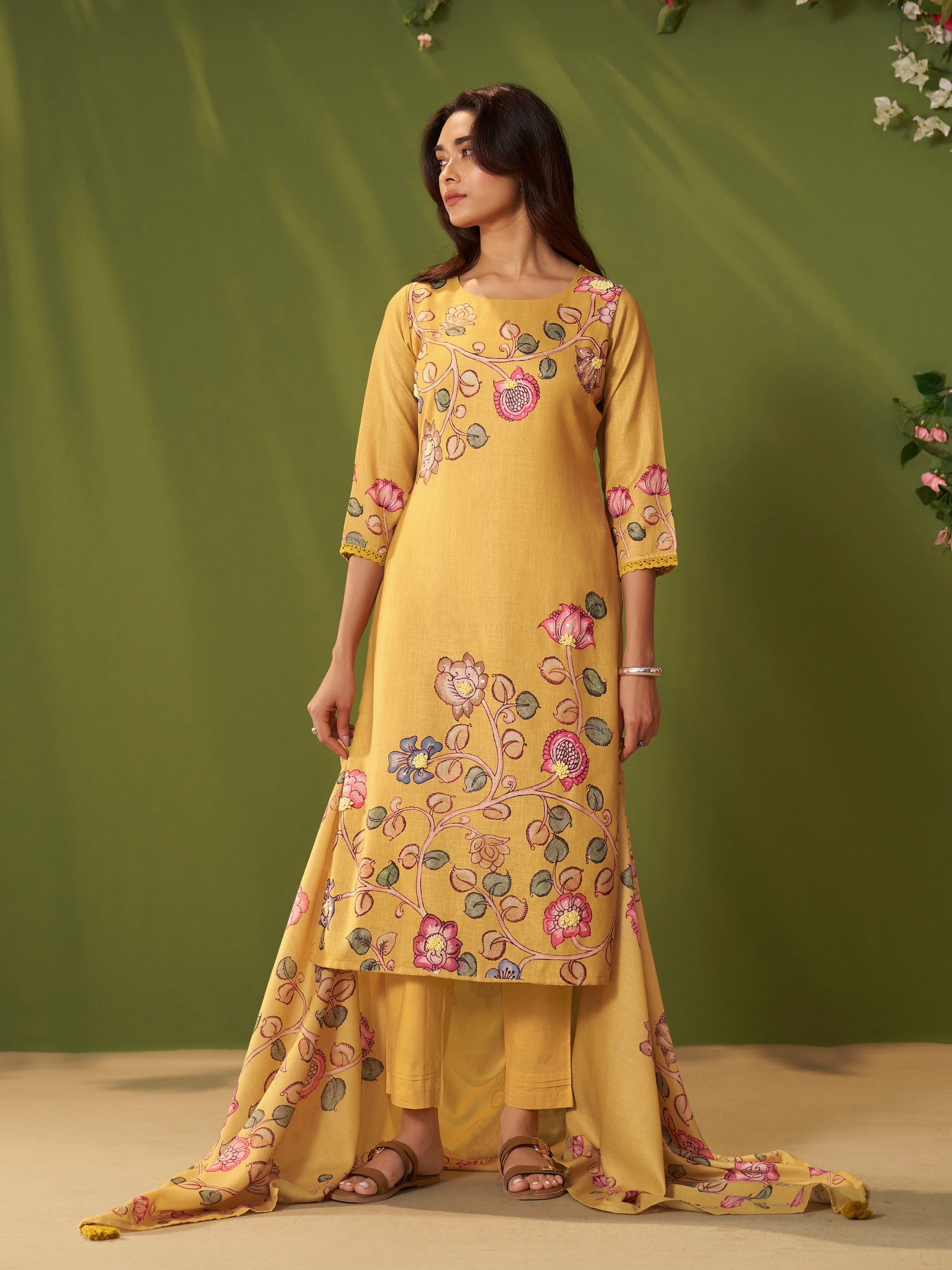 Kesari Yellow Linen Mul Suit Set