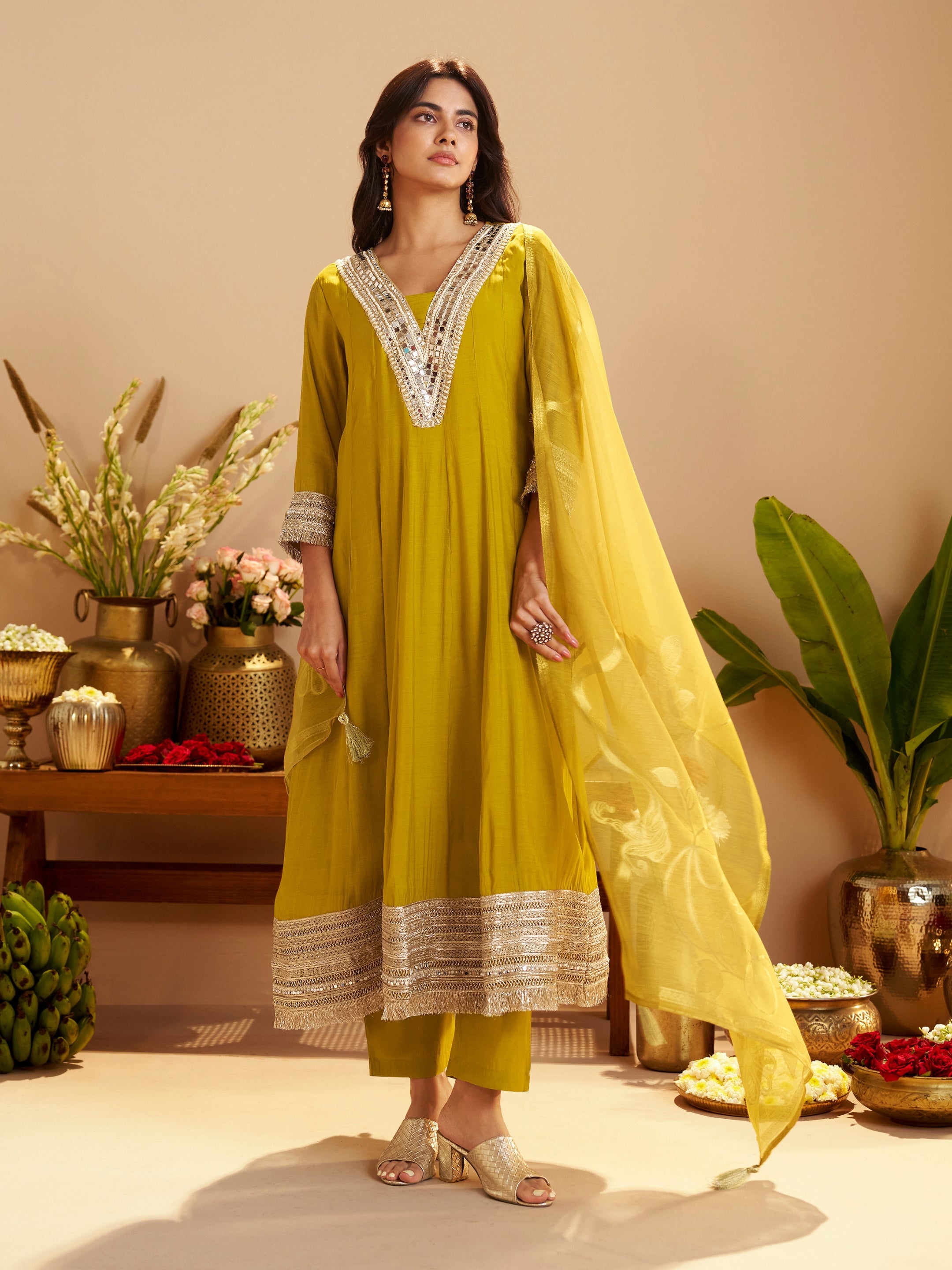 Kesar Mustard Chanderi Mirror Work Suit Set