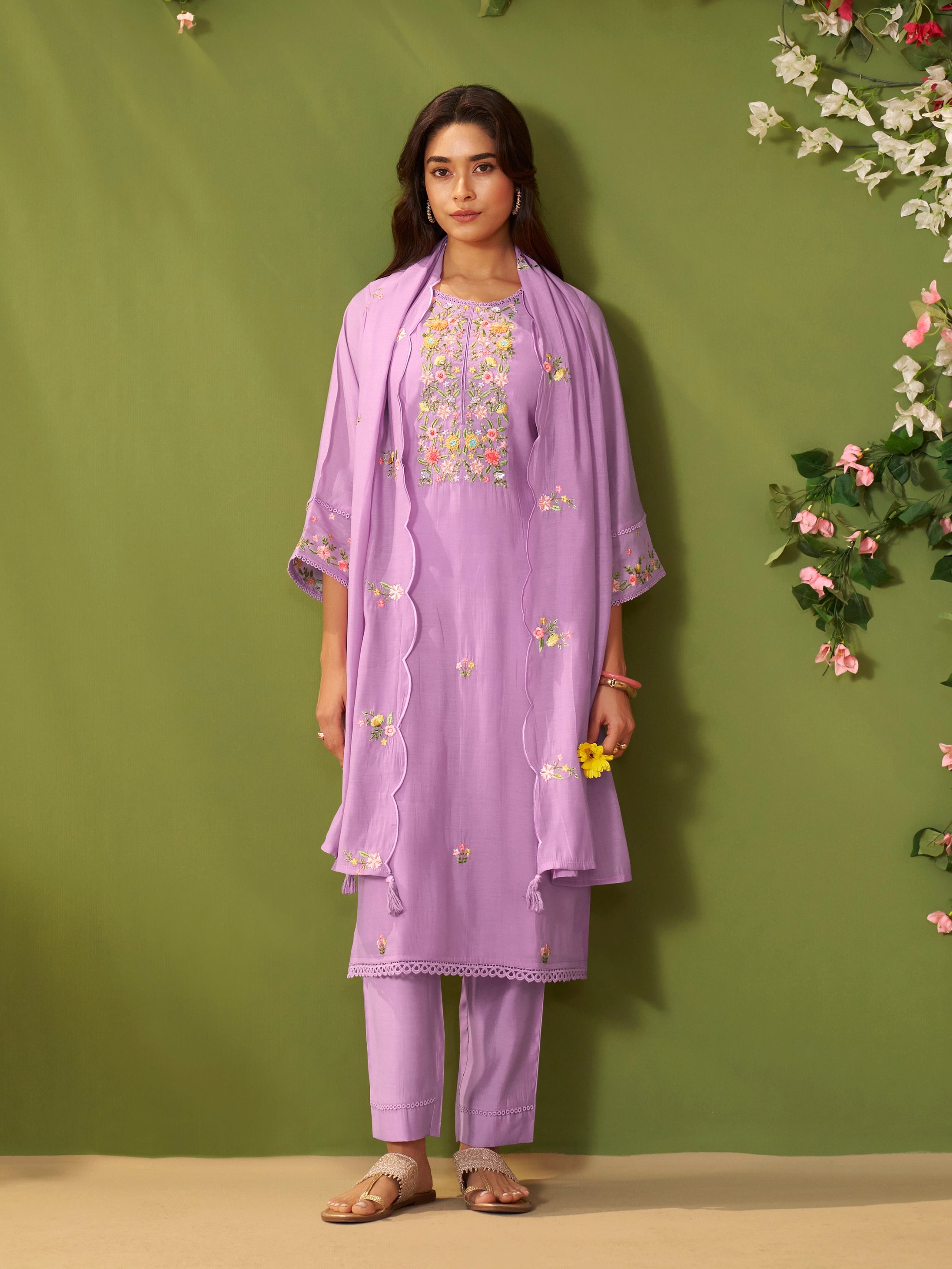 Sona Purple Mul Chanderi Suit Set