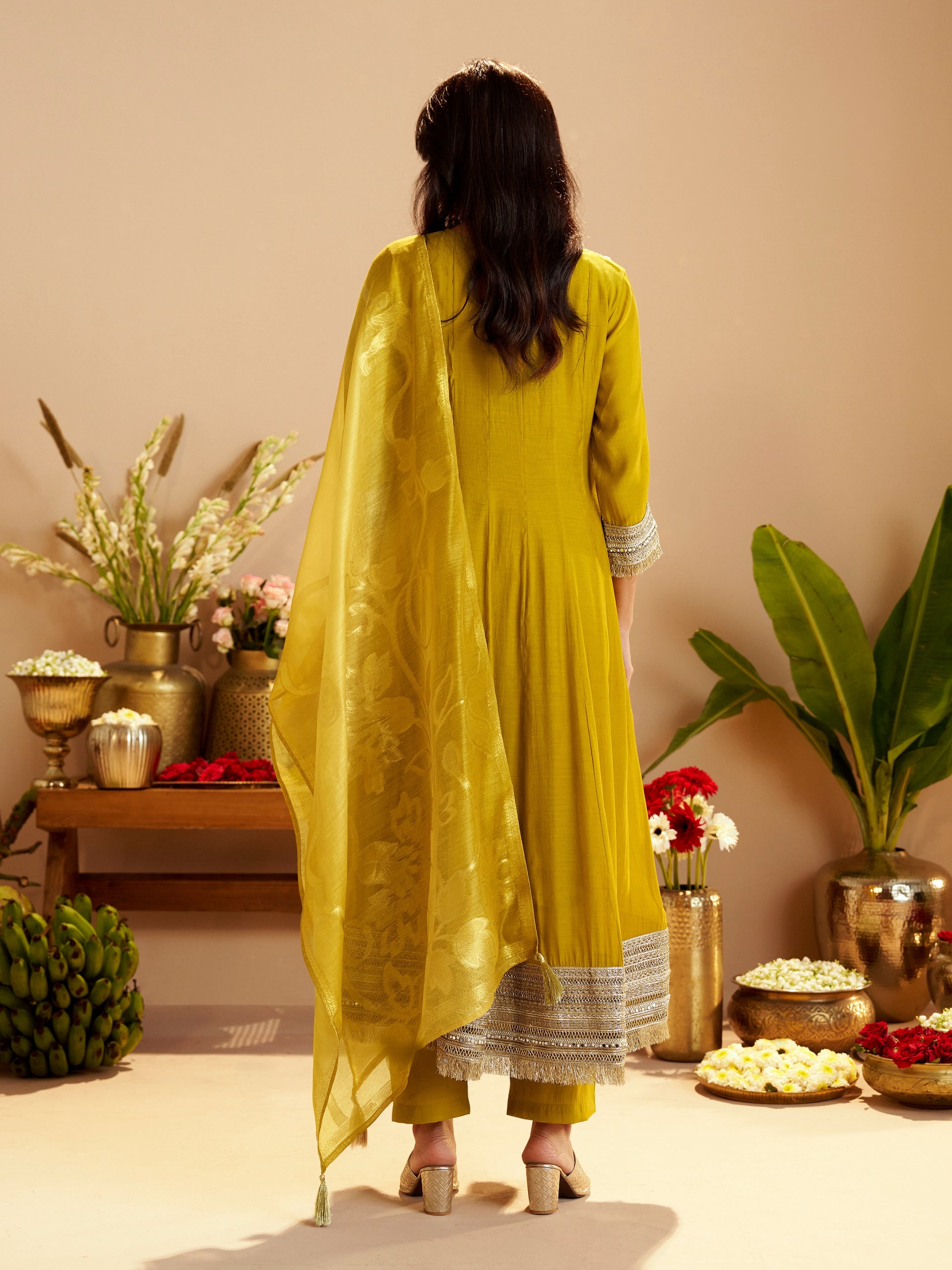 Kesar Mustard Chanderi Mirror Work Suit Set