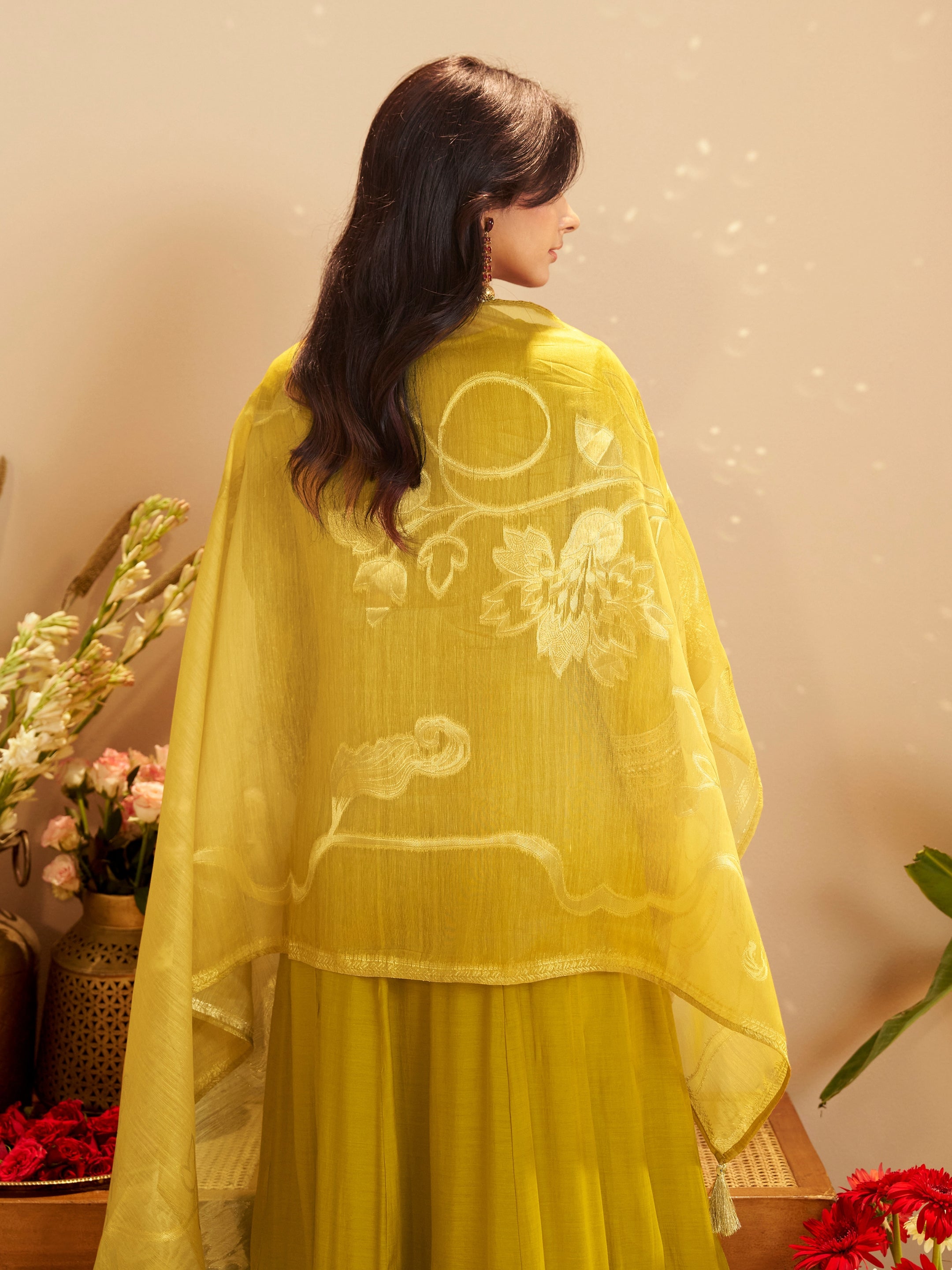 Kesar Mustard Chanderi Mirror Work Suit Set