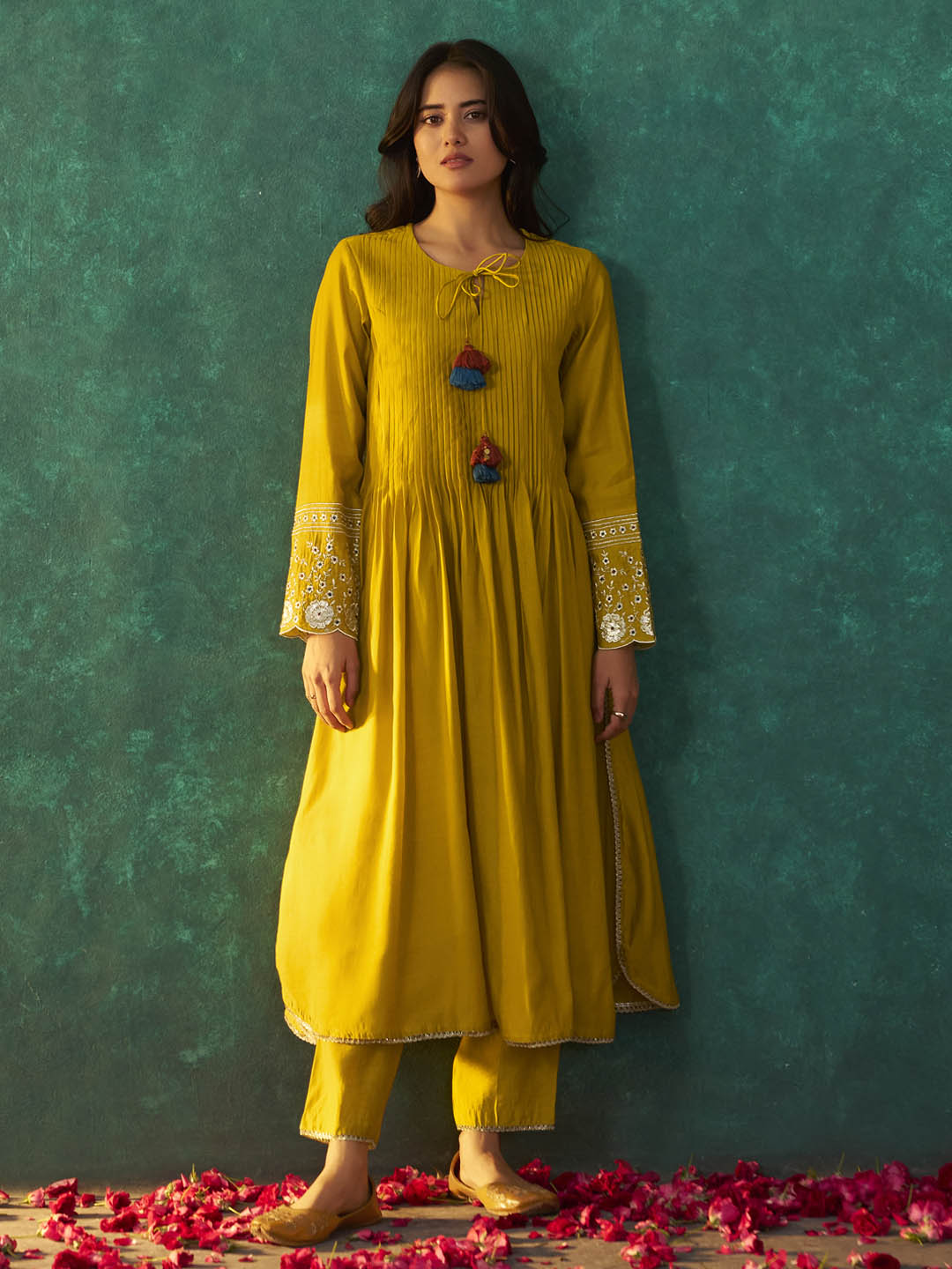 Svarna Roman Silk Flared Tassel Kurta Set