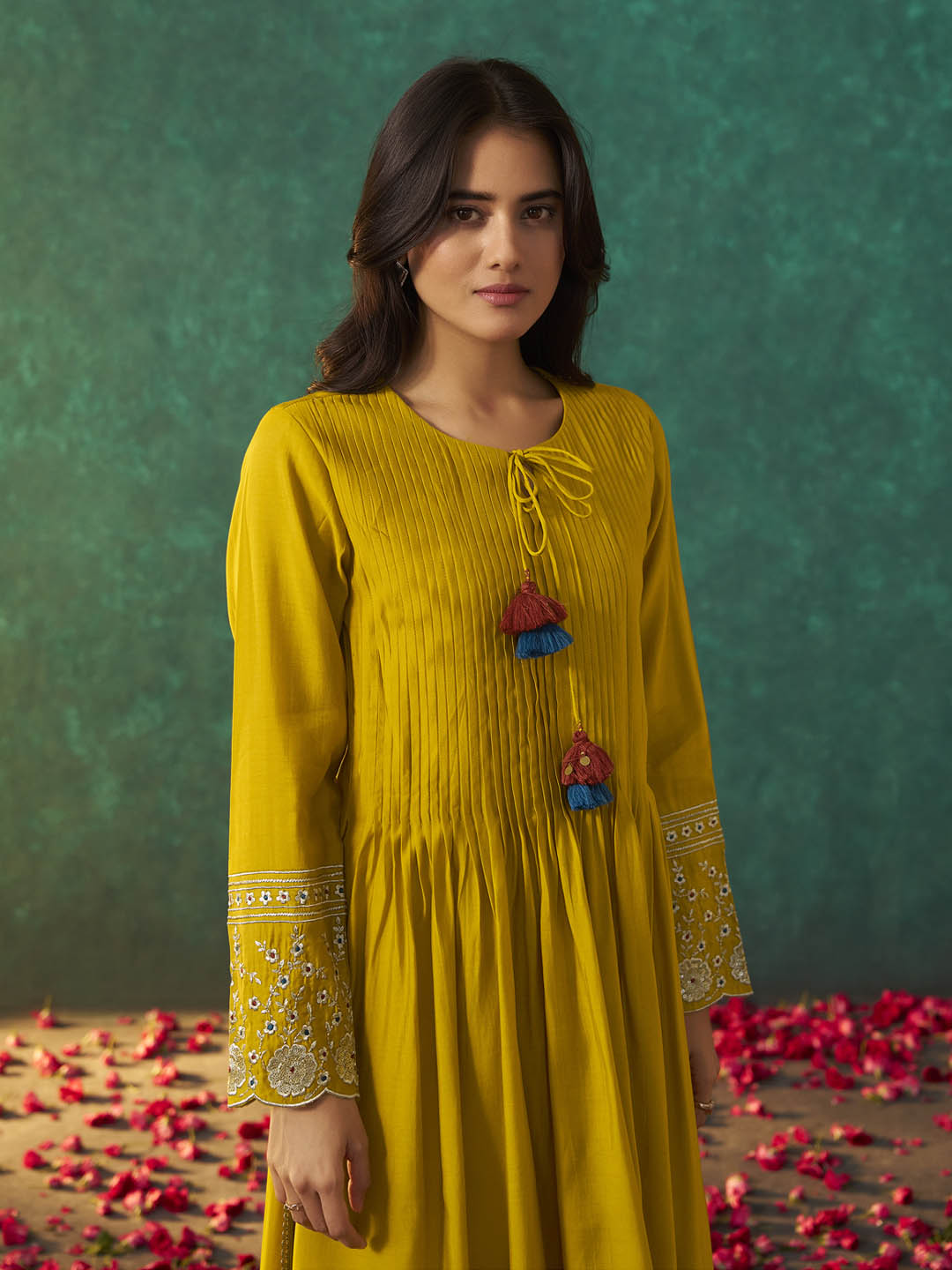 Svarna Roman Silk Flared Tassel Kurta Set