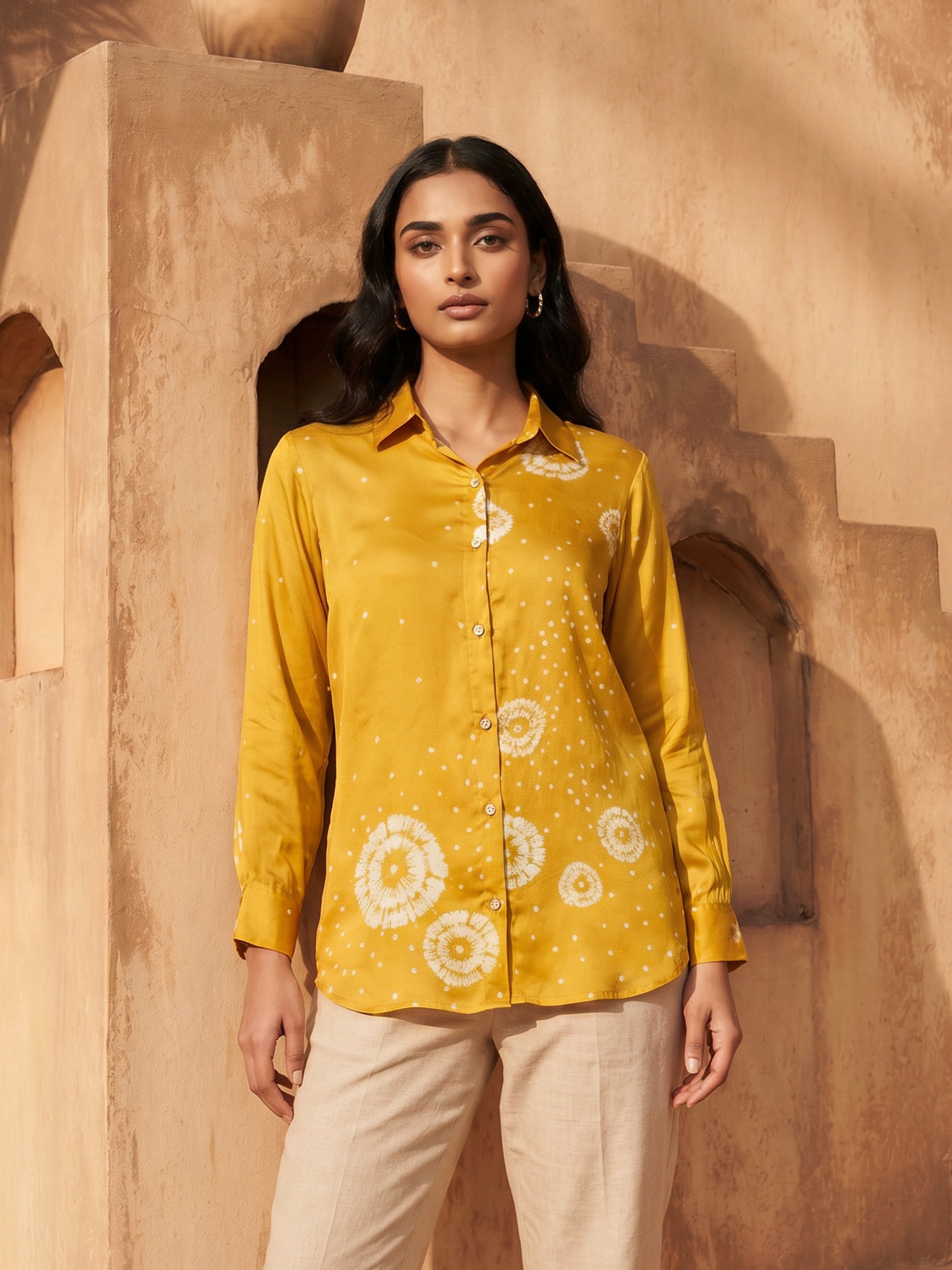 Daisy Yellow Crepe Printed Shirt