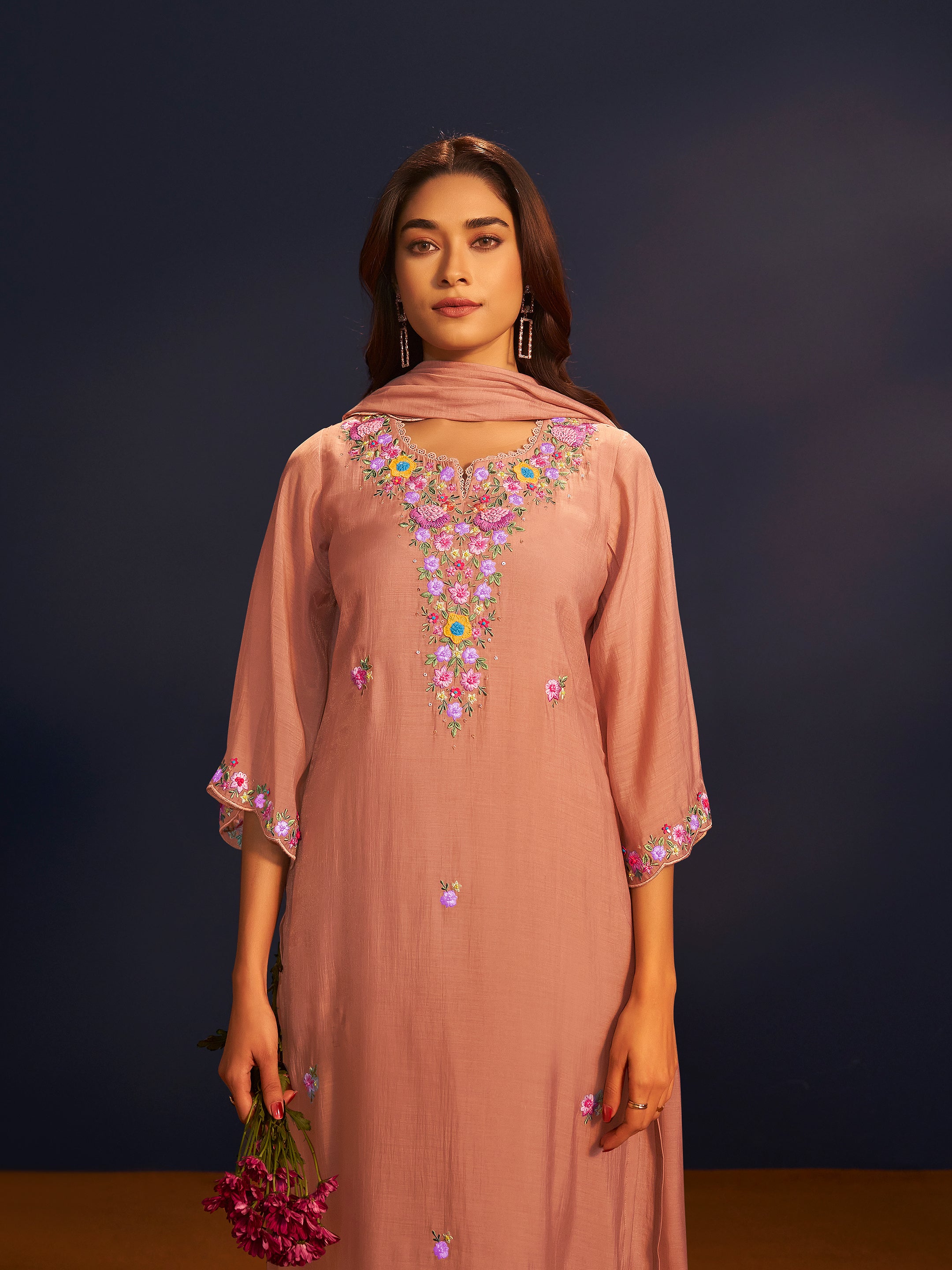 Navika Peach Mul Chanderi Handwork Set