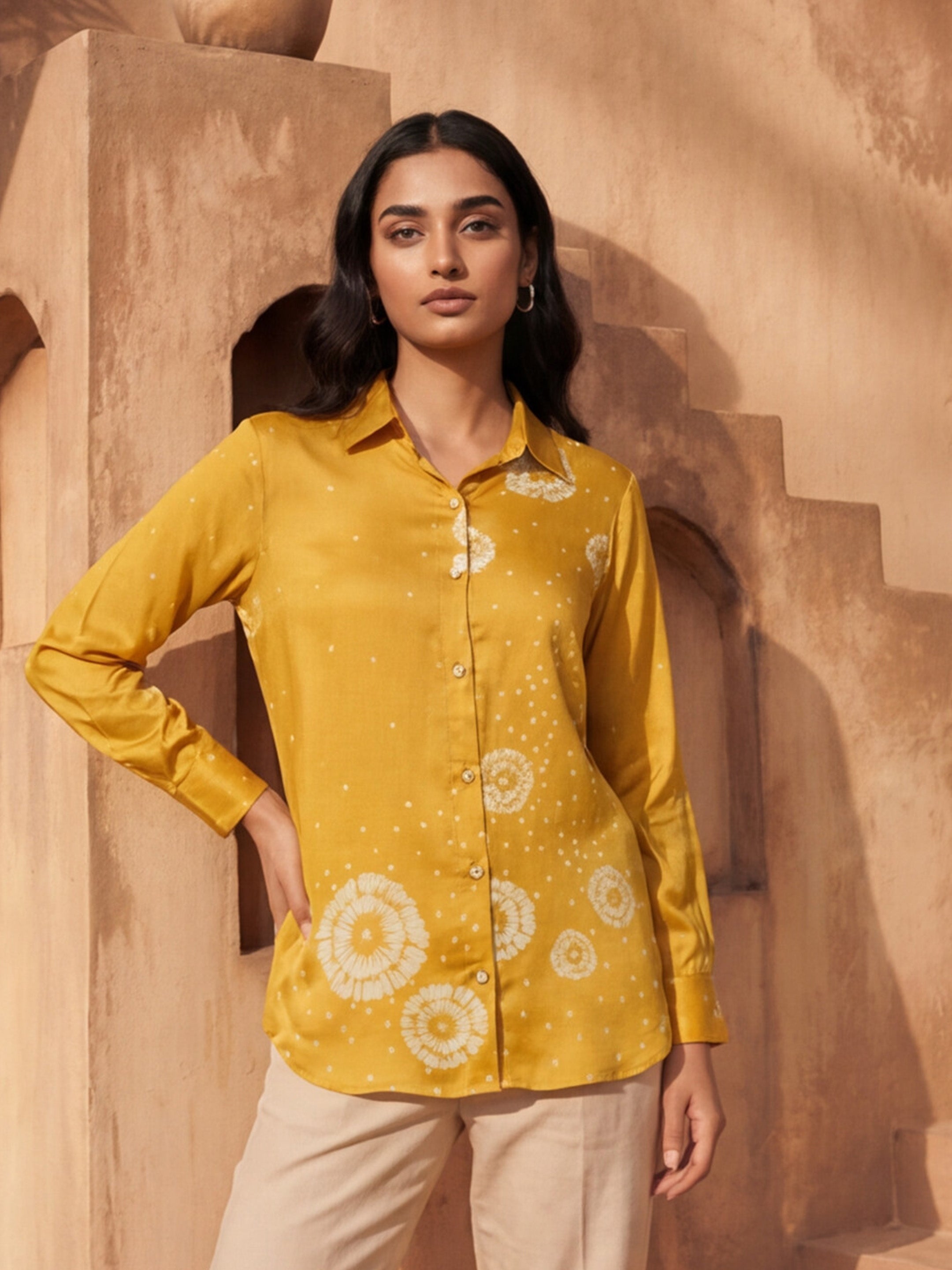 Daisy Yellow Crepe Printed Shirt