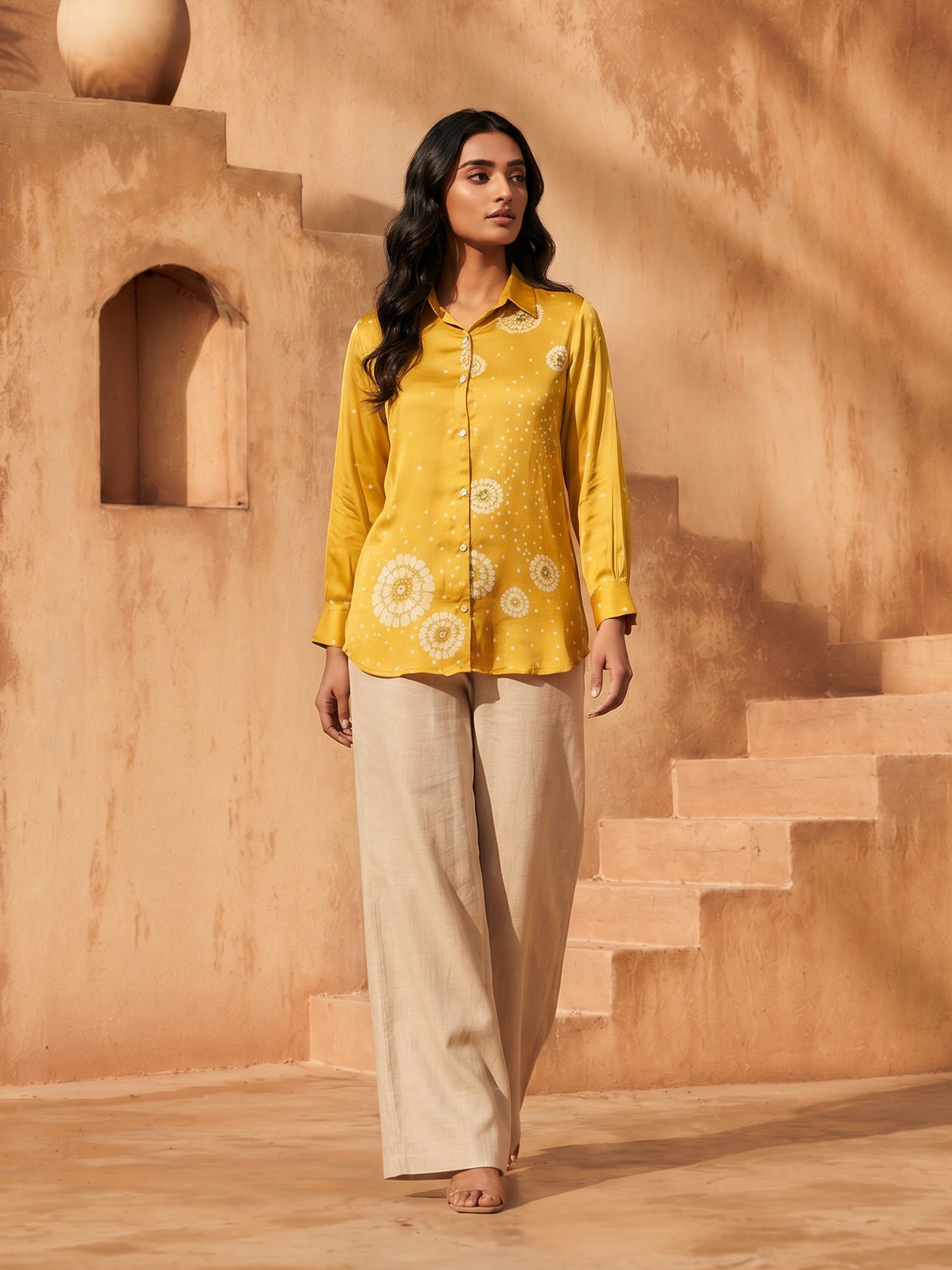 Daisy Yellow Crepe Printed Shirt