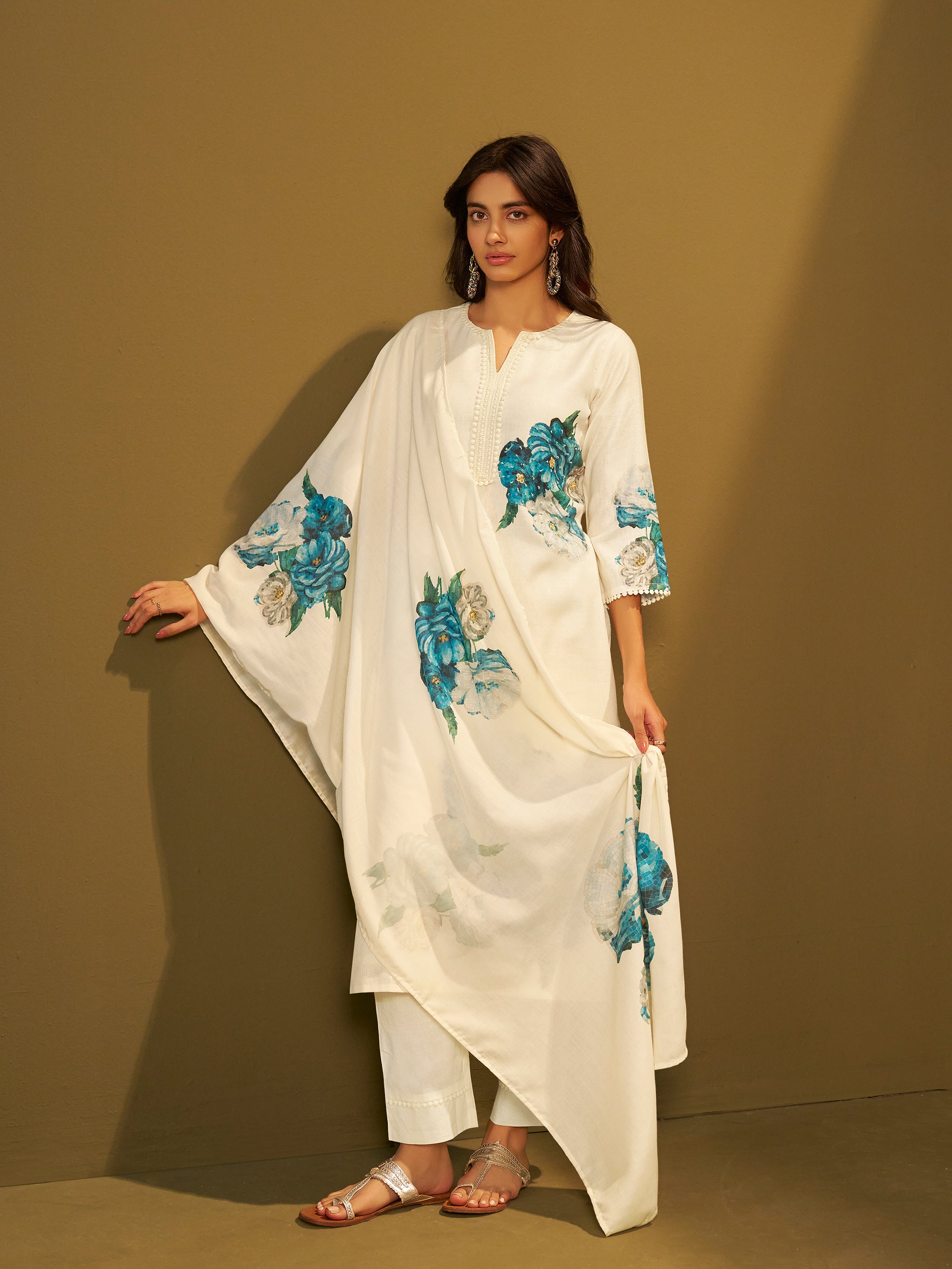 Siya White Linen Printed Set