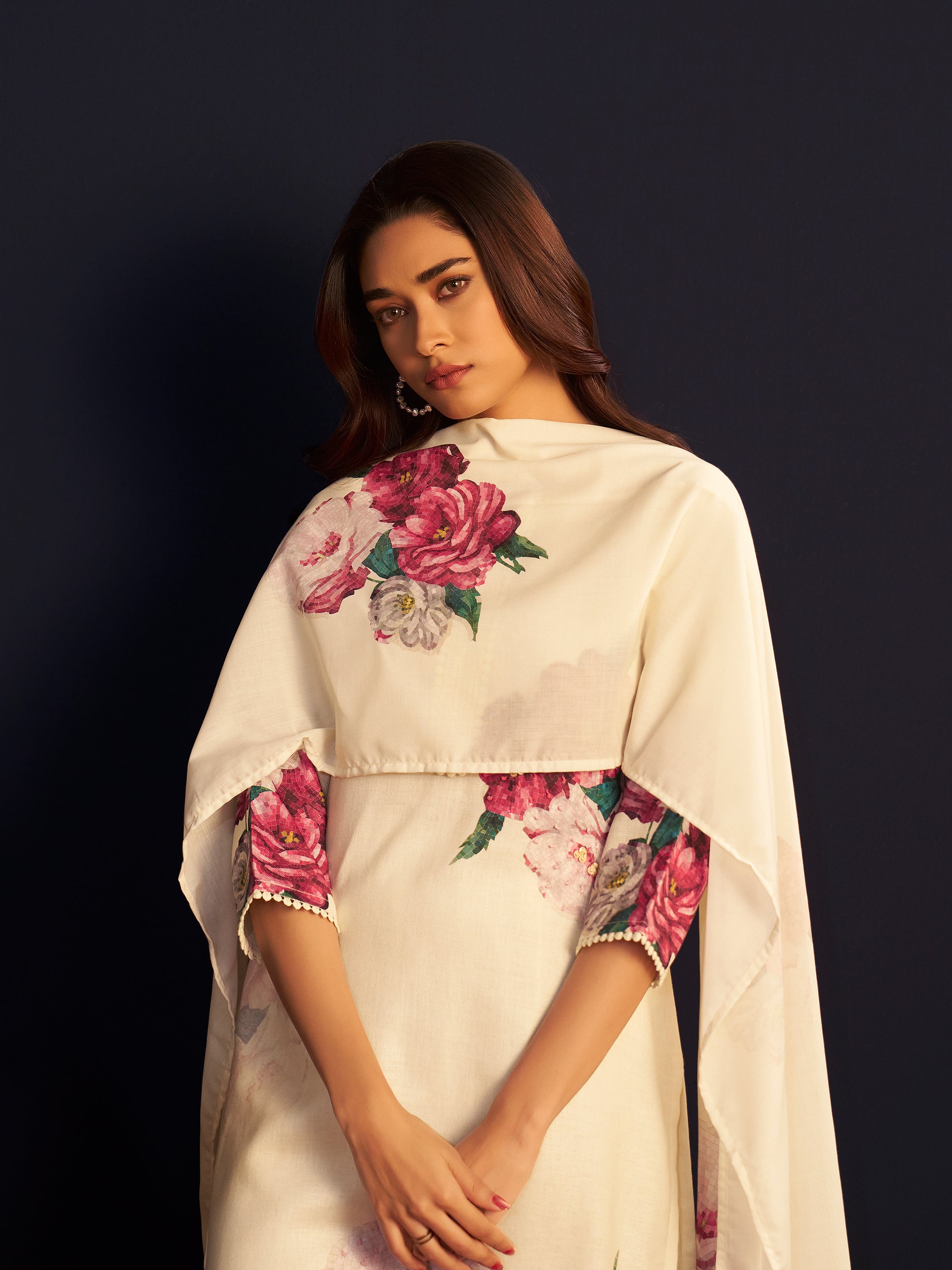 Riana White Linen Floral Printed Set