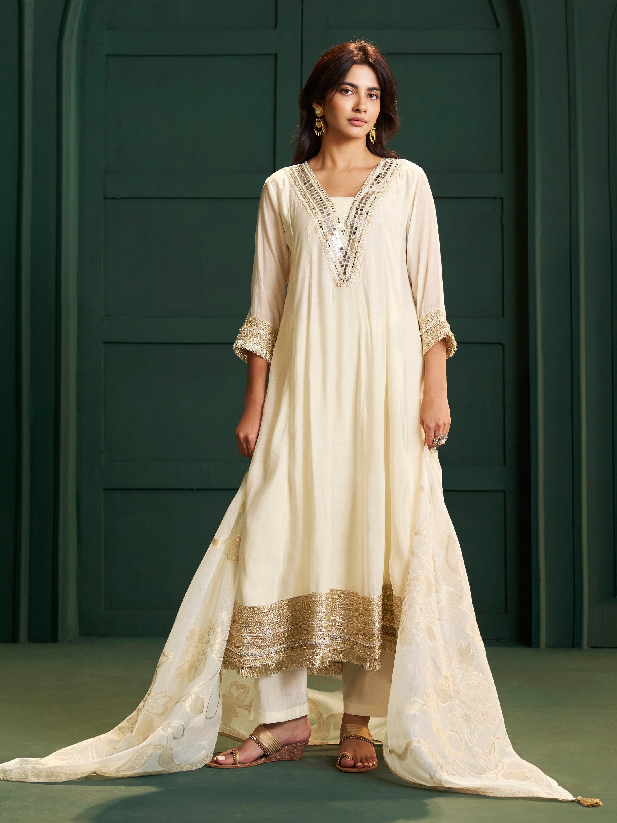Sitara White Chanderi Mirror Work Suit Set