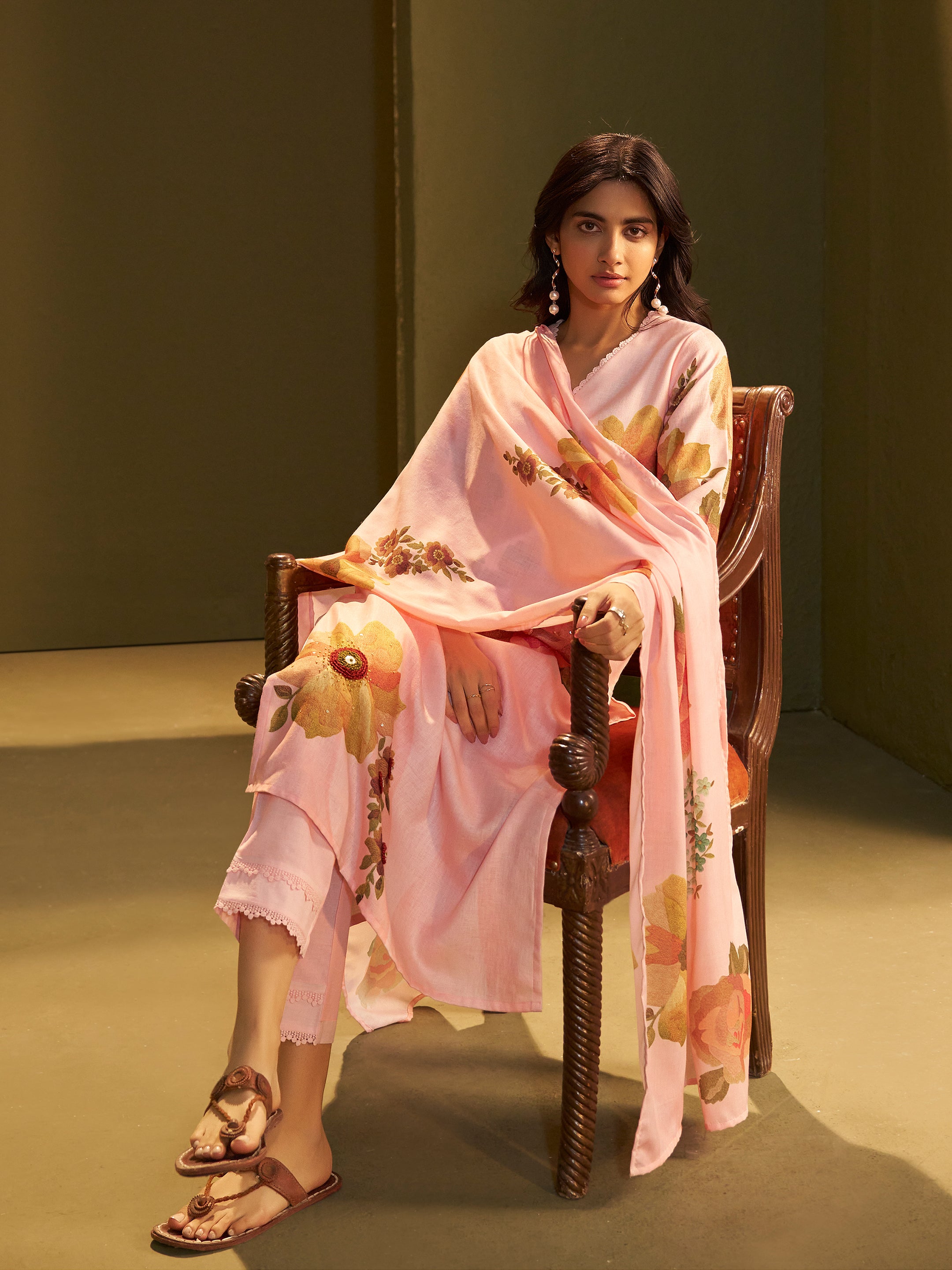 Tanvi Pink Linen Printed Set