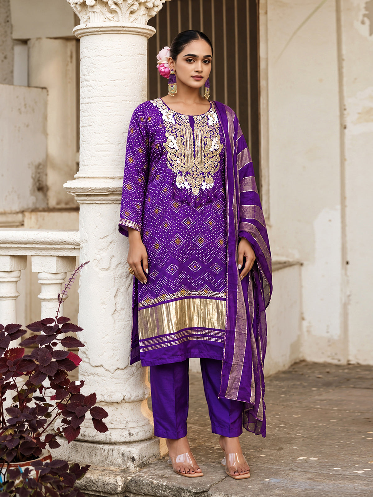 Reeva Purple Pure Viscose Bandhani Print & Embroidered Suit Set