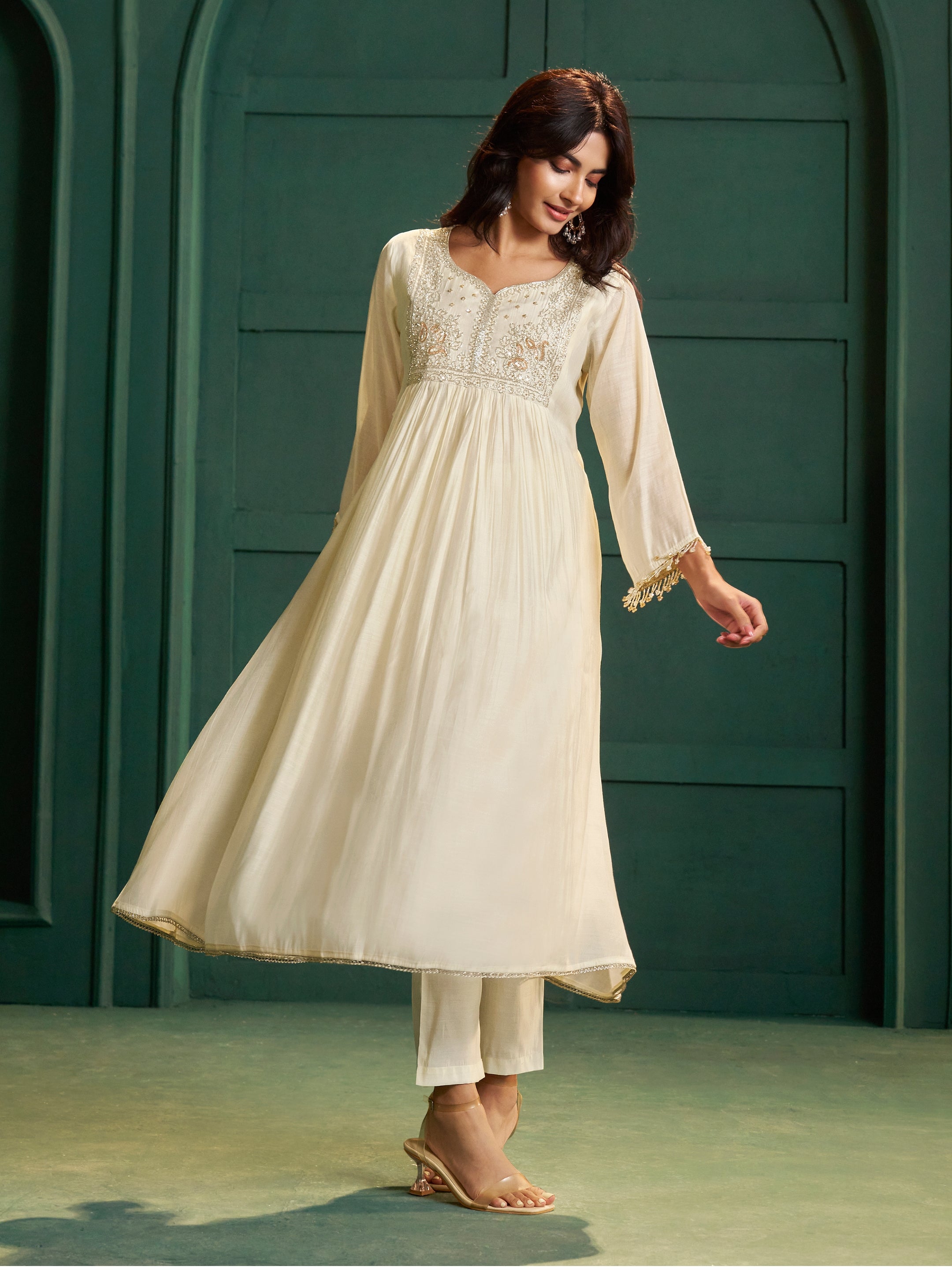 Shubhra White Chanderi Bead Work Suit Set