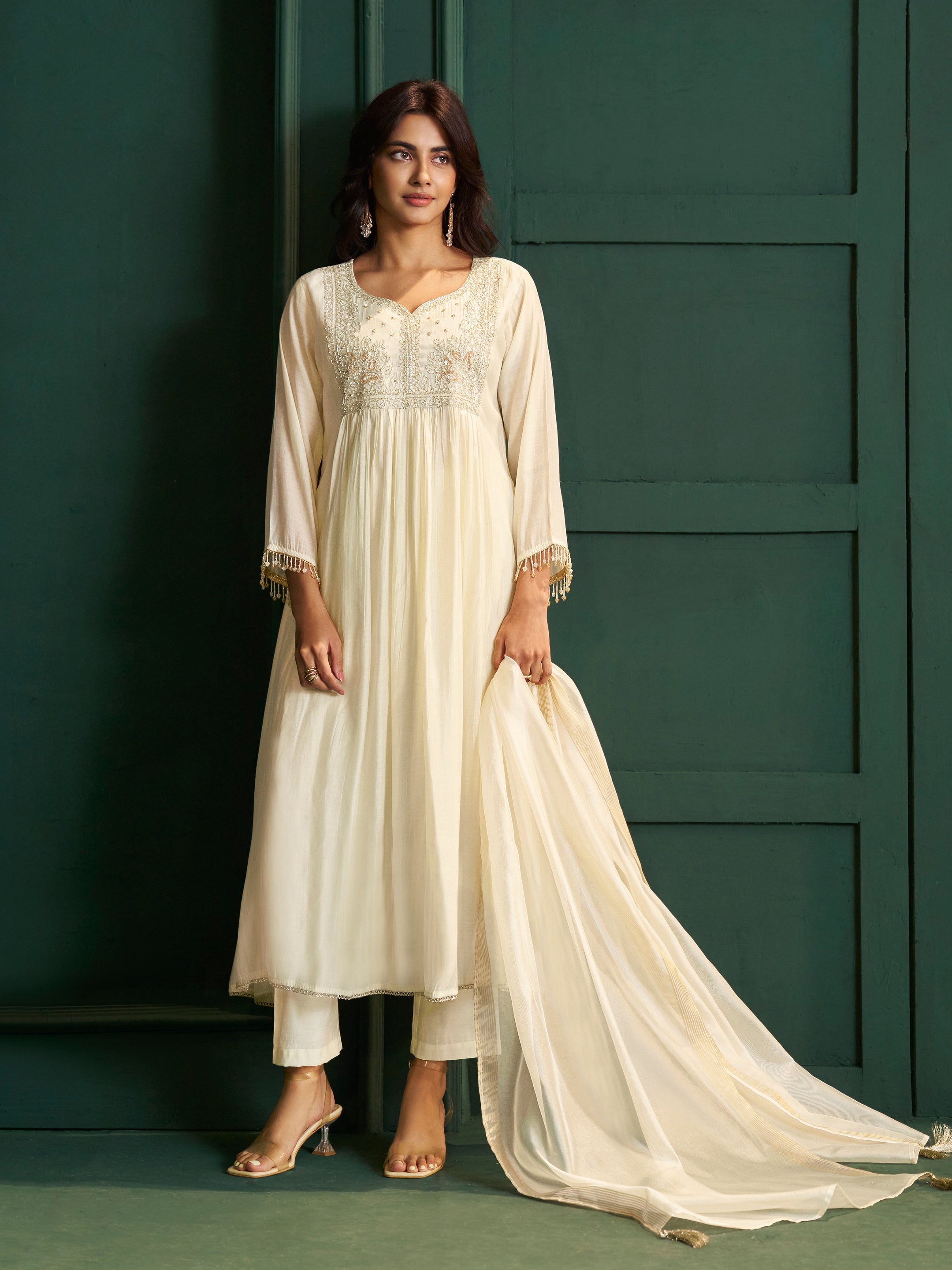 Shubhra White Chanderi Bead Work Suit Set
