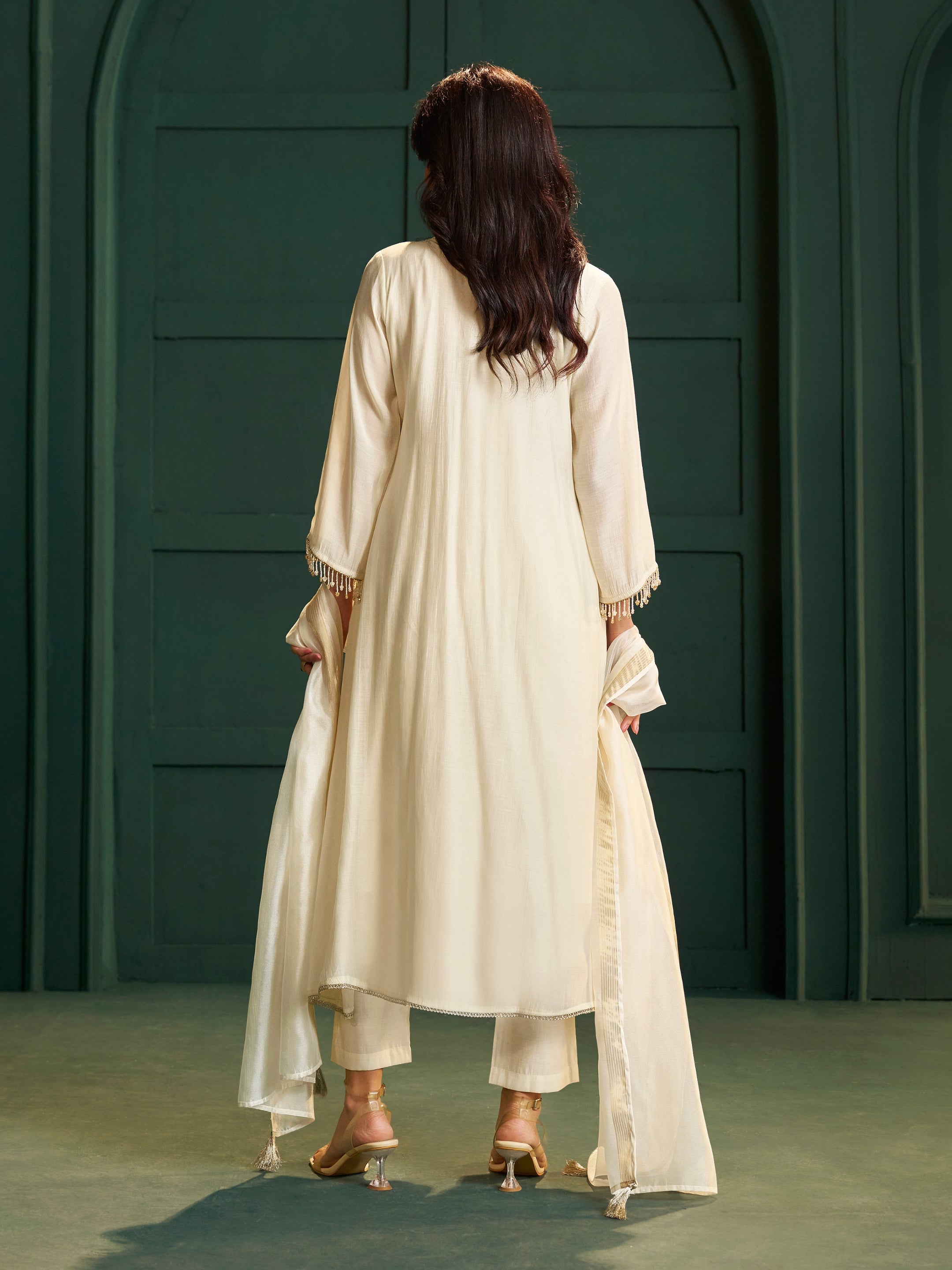Shubhra White Chanderi Bead Work Suit Set